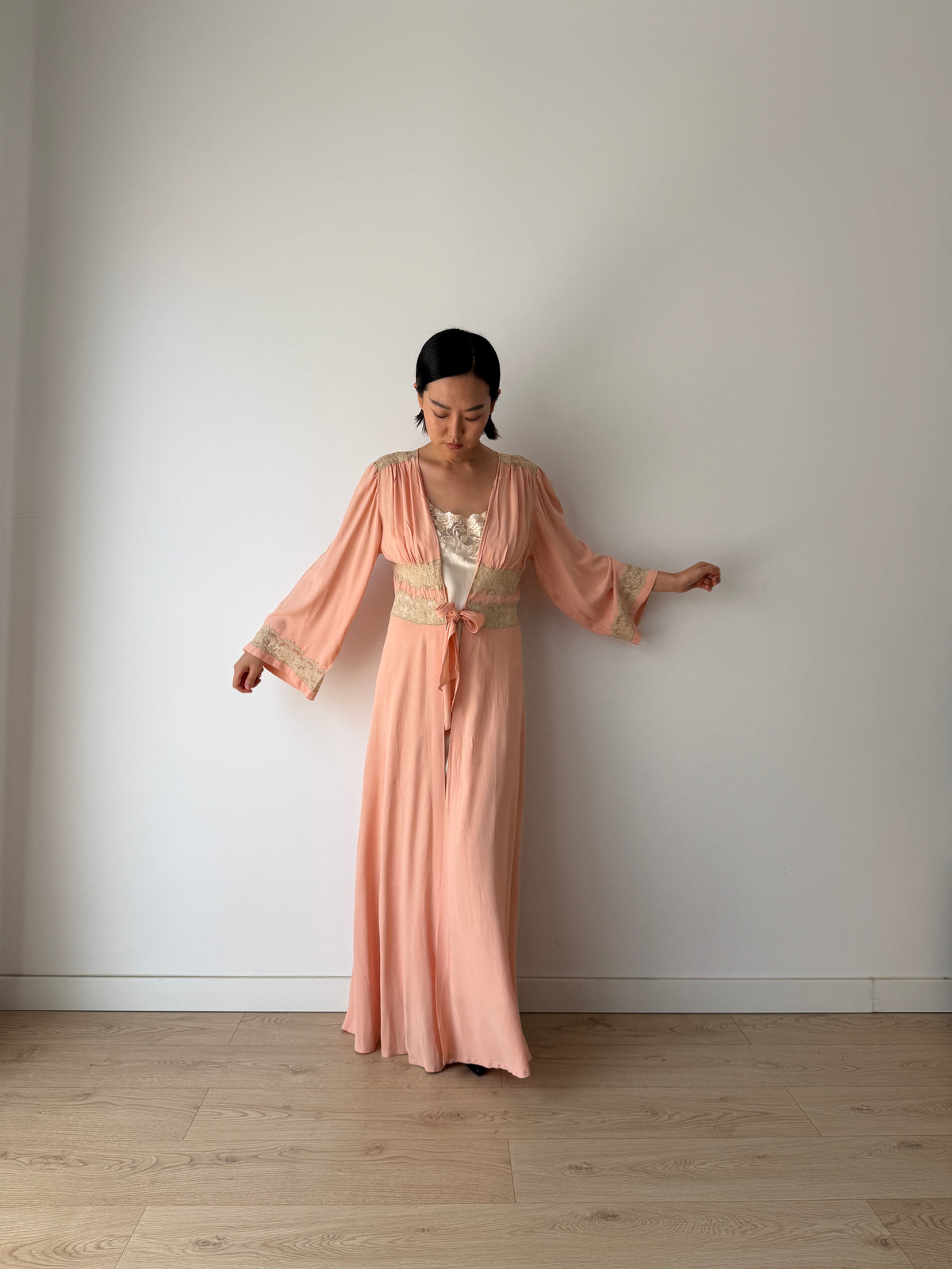 1930s Pink Silk Lace Robe, Ivory Lace Trim, Tie Waist, Flared Sleeves, Antique Loungewear