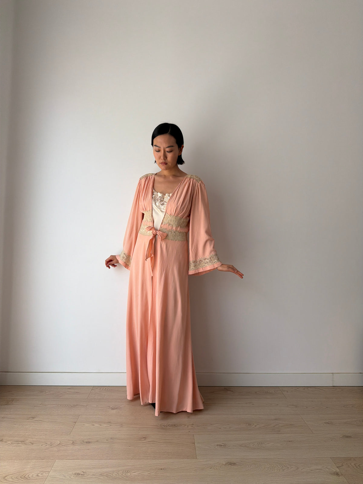 1930s Pink Silk Lace Robe, Ivory Lace Trim, Tie Waist, Flared Sleeves, Antique Loungewear