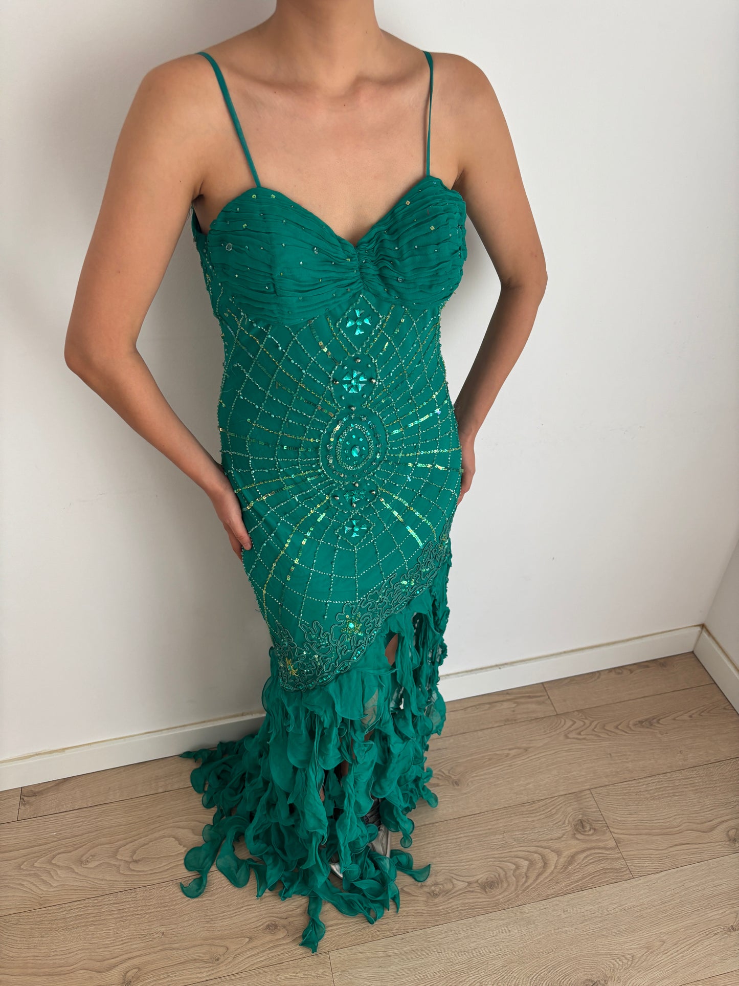 Y2K 90s 100% Silk Beaded Gown, Emerald Teal, Art Deco Sunburst Beading, Low Open Back, Flowy Fringe Hem