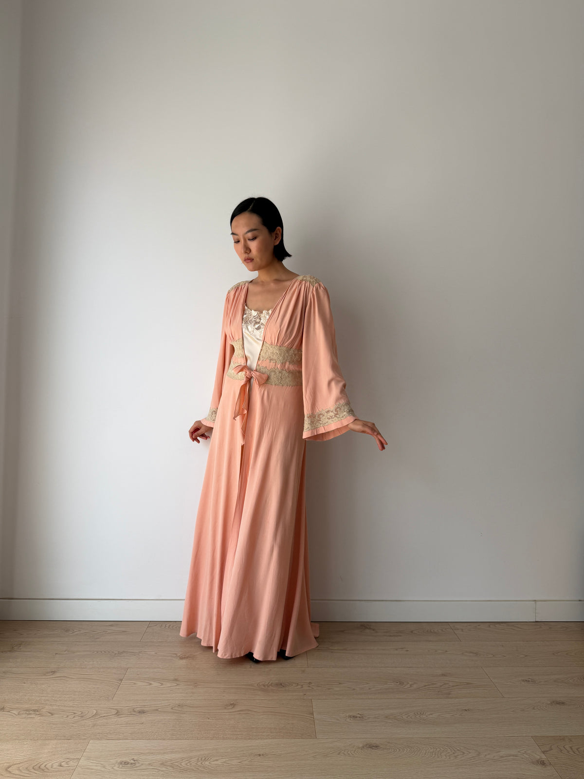 1930s Pink Silk Lace Robe, Ivory Lace Trim, Tie Waist, Flared Sleeves, Antique Loungewear