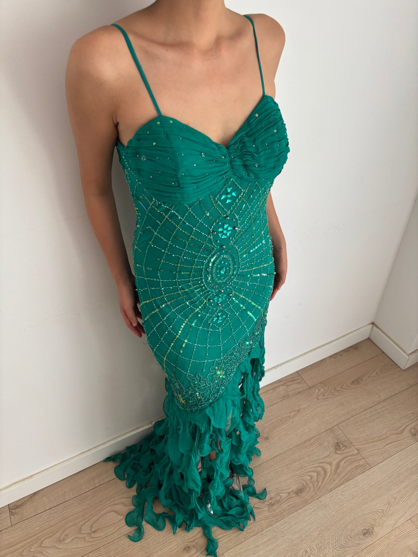Y2K 90s 100% Silk Beaded Gown, Emerald Teal, Art Deco Sunburst Beading, Low Open Back, Flowy Fringe Hem