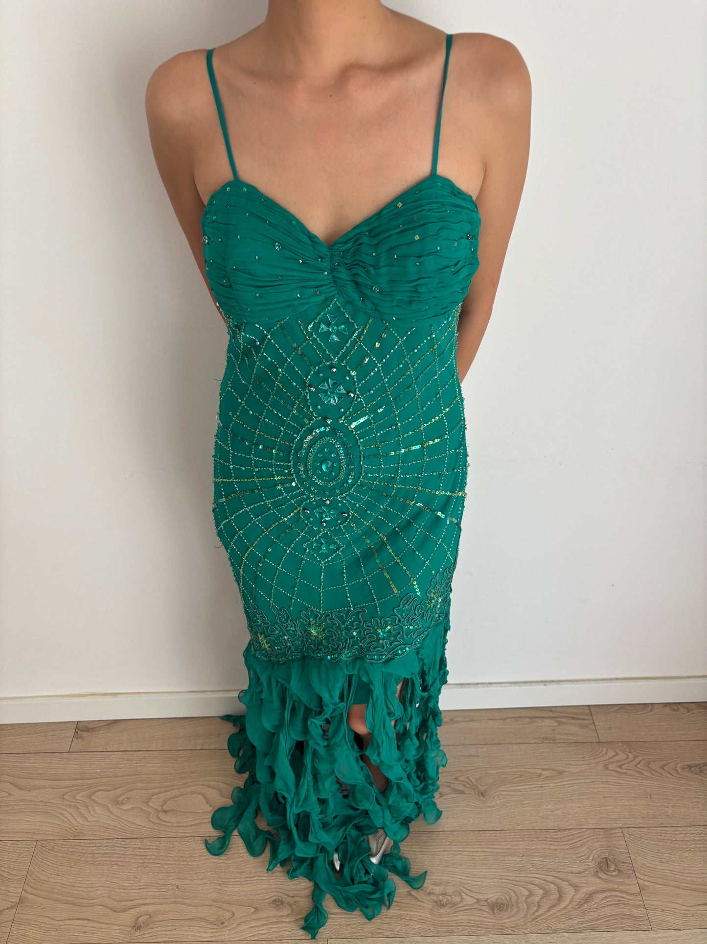 Y2K 90s 100% Silk Beaded Gown, Emerald Teal, Art Deco Sunburst Beading, Low Open Back, Flowy Fringe Hem