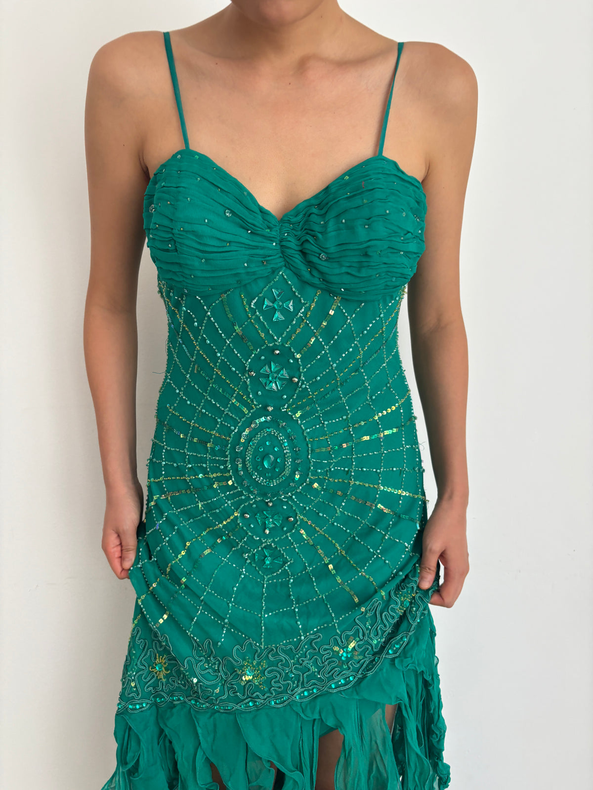 Y2K 90s 100% Silk Beaded Gown, Emerald Teal, Art Deco Sunburst Beading, Low Open Back, Flowy Fringe Hem