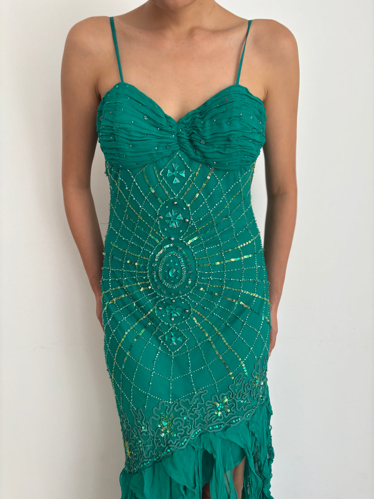 Y2K 90s 100% Silk Beaded Gown, Emerald Teal, Art Deco Sunburst Beading, Low Open Back, Flowy Fringe Hem