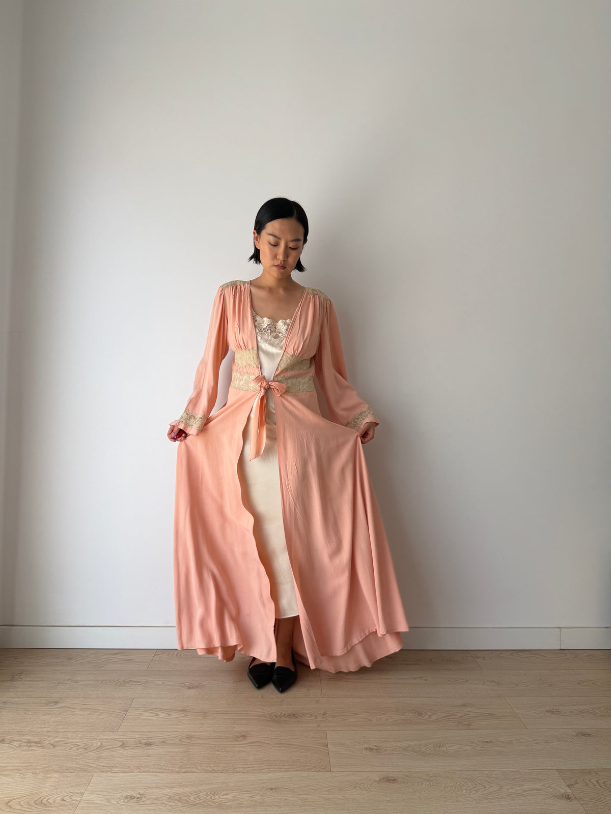 1930s Pink Silk Lace Robe, Ivory Lace Trim, Tie Waist, Flared Sleeves, Antique Loungewear