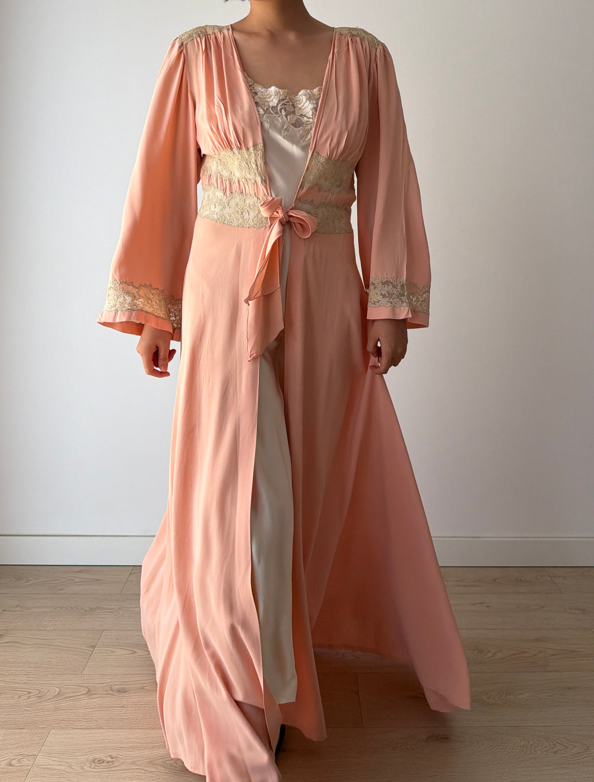 1930s Pink Silk Lace Robe, Ivory Lace Trim, Tie Waist, Flared Sleeves, Antique Loungewear