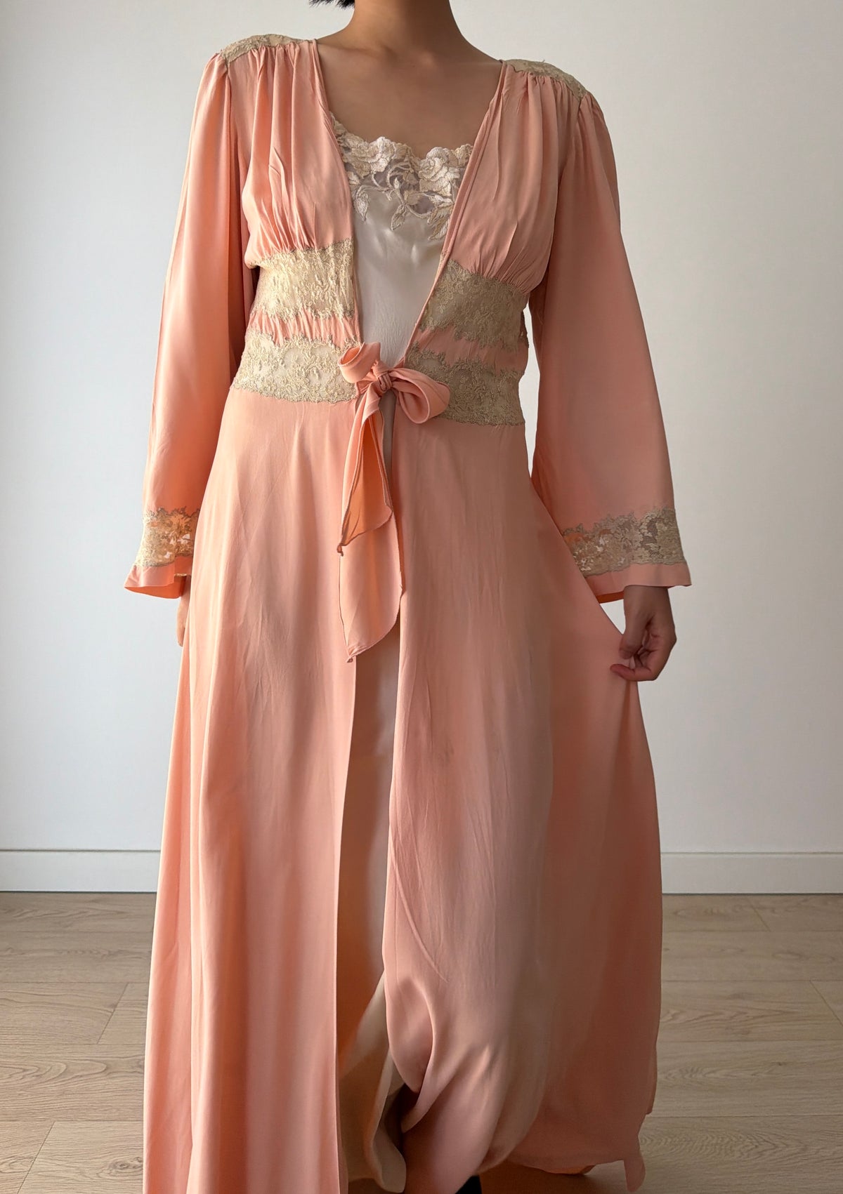 1930s Pink Silk Lace Robe, Ivory Lace Trim, Tie Waist, Flared Sleeves, Antique Loungewear