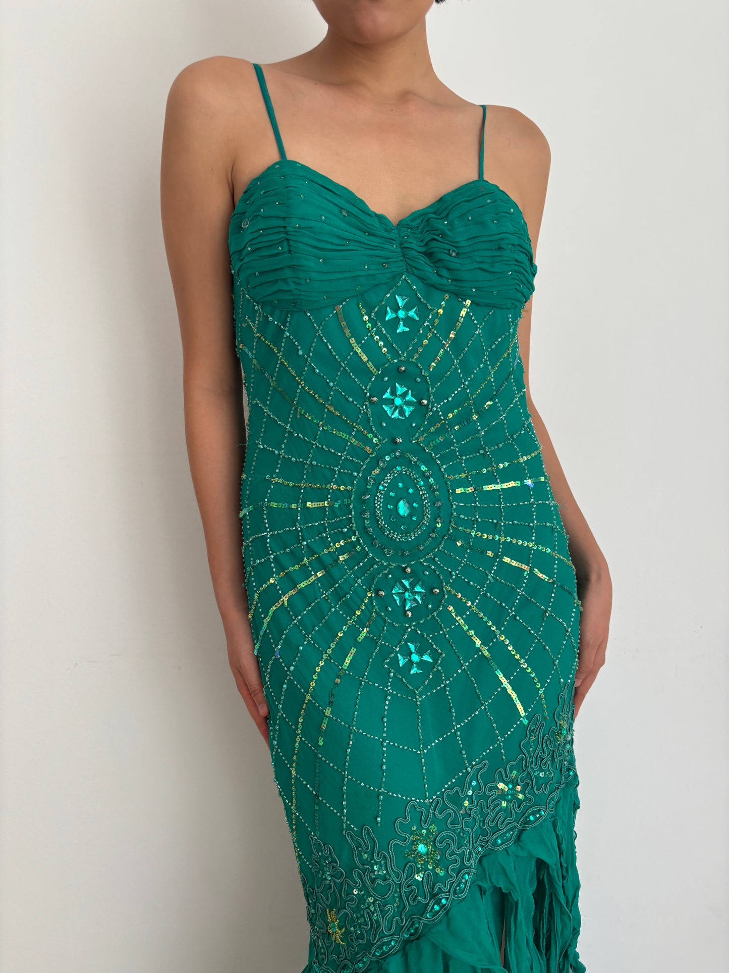 Y2K 90s 100% Silk Beaded Gown, Emerald Teal, Art Deco Sunburst Beading, Low Open Back, Flowy Fringe Hem