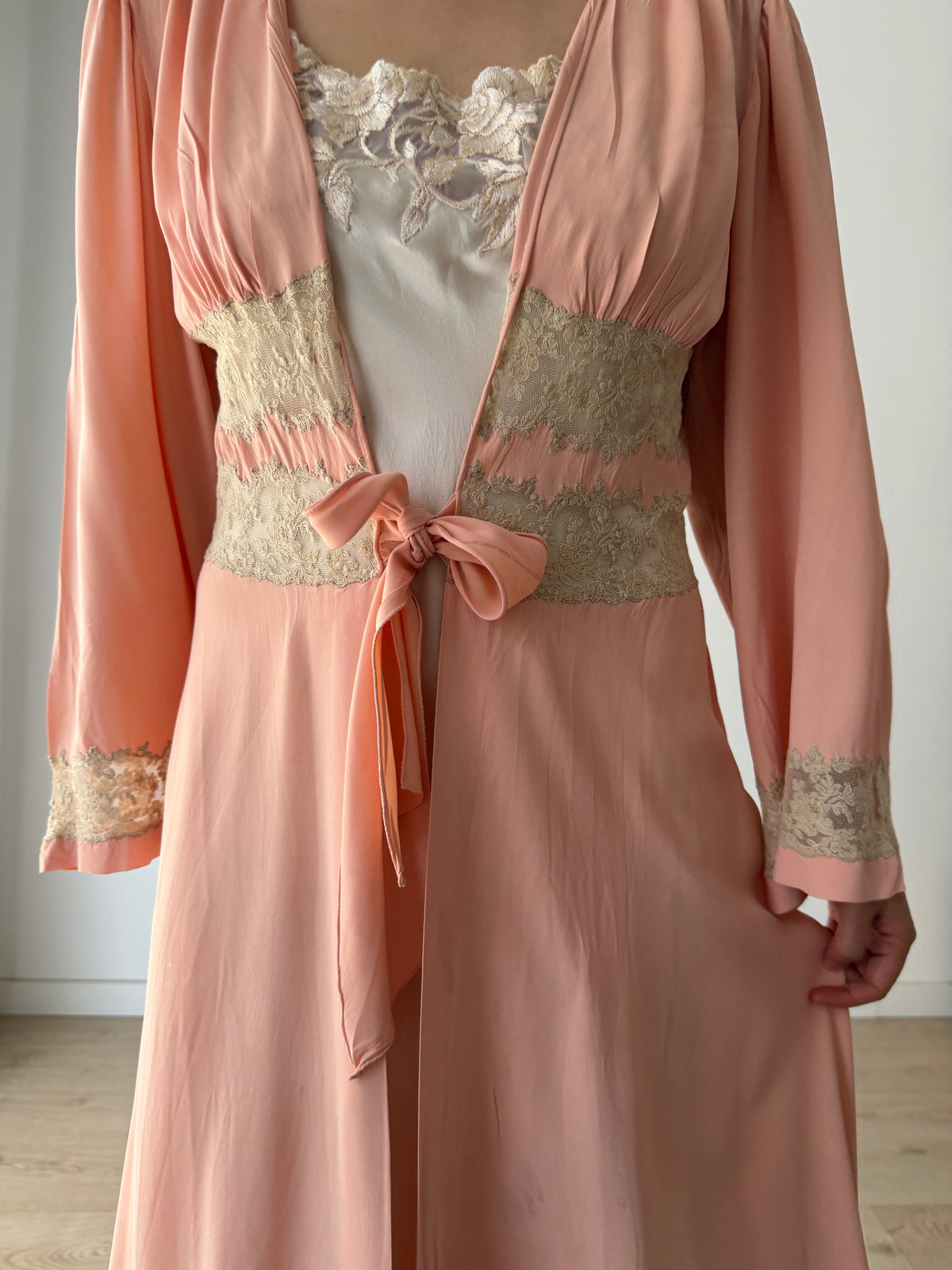 1930s Pink Silk Lace Robe, Ivory Lace Trim, Tie Waist, Flared Sleeves, Antique Loungewear
