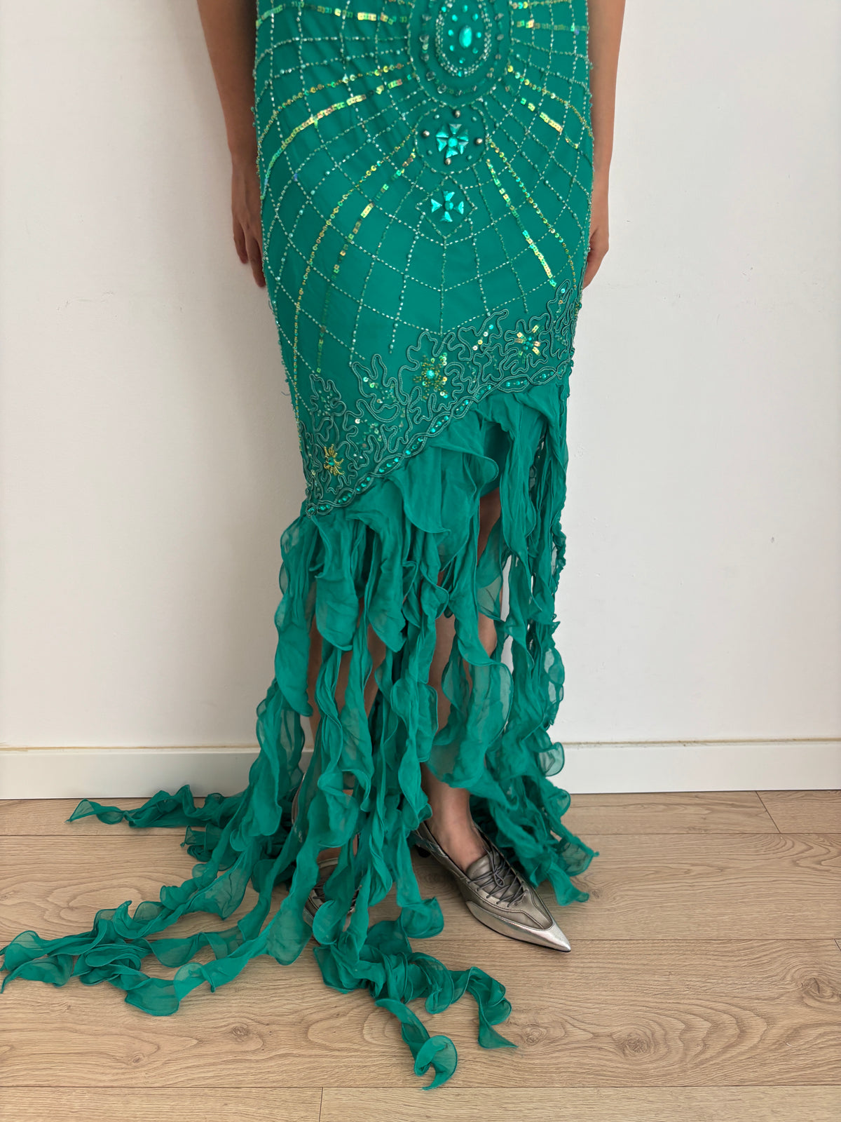 Y2K 90s 100% Silk Beaded Gown, Emerald Teal, Art Deco Sunburst Beading, Low Open Back, Flowy Fringe Hem