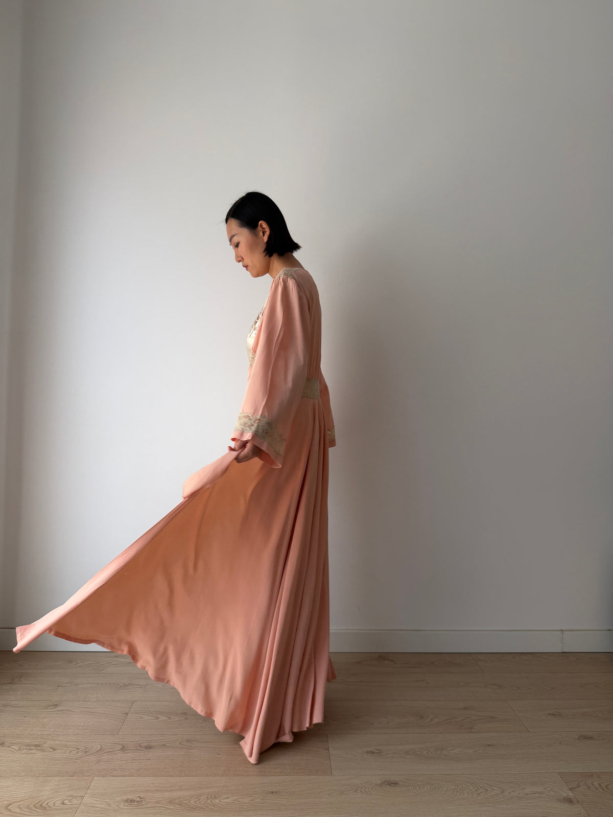 1930s Pink Silk Lace Robe, Ivory Lace Trim, Tie Waist, Flared Sleeves, Antique Loungewear