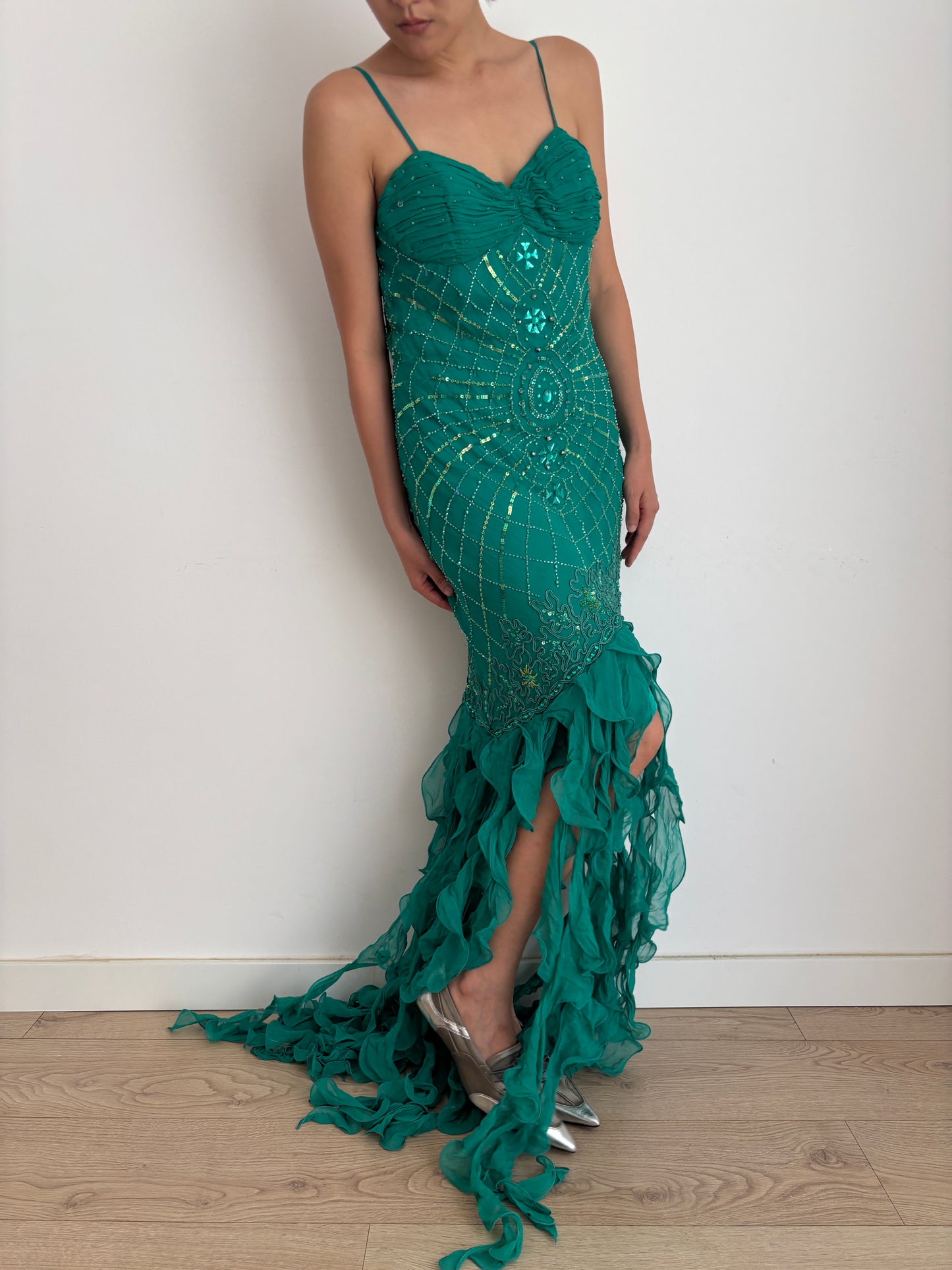 Y2K 90s 100% Silk Beaded Gown, Emerald Teal, Art Deco Sunburst Beading, Low Open Back, Flowy Fringe Hem