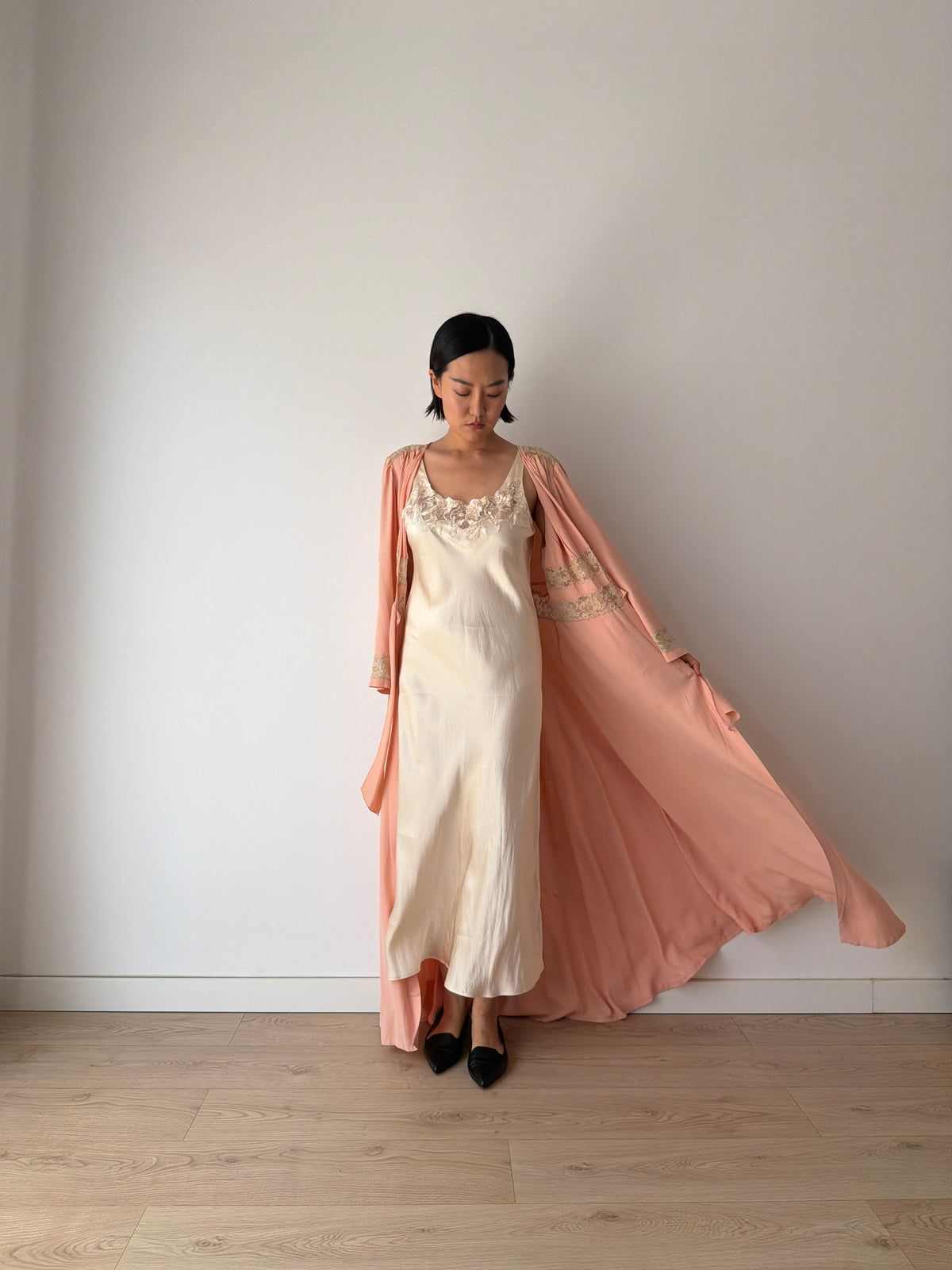 1930s Pink Silk Lace Robe, Ivory Lace Trim, Tie Waist, Flared Sleeves, Antique Loungewear