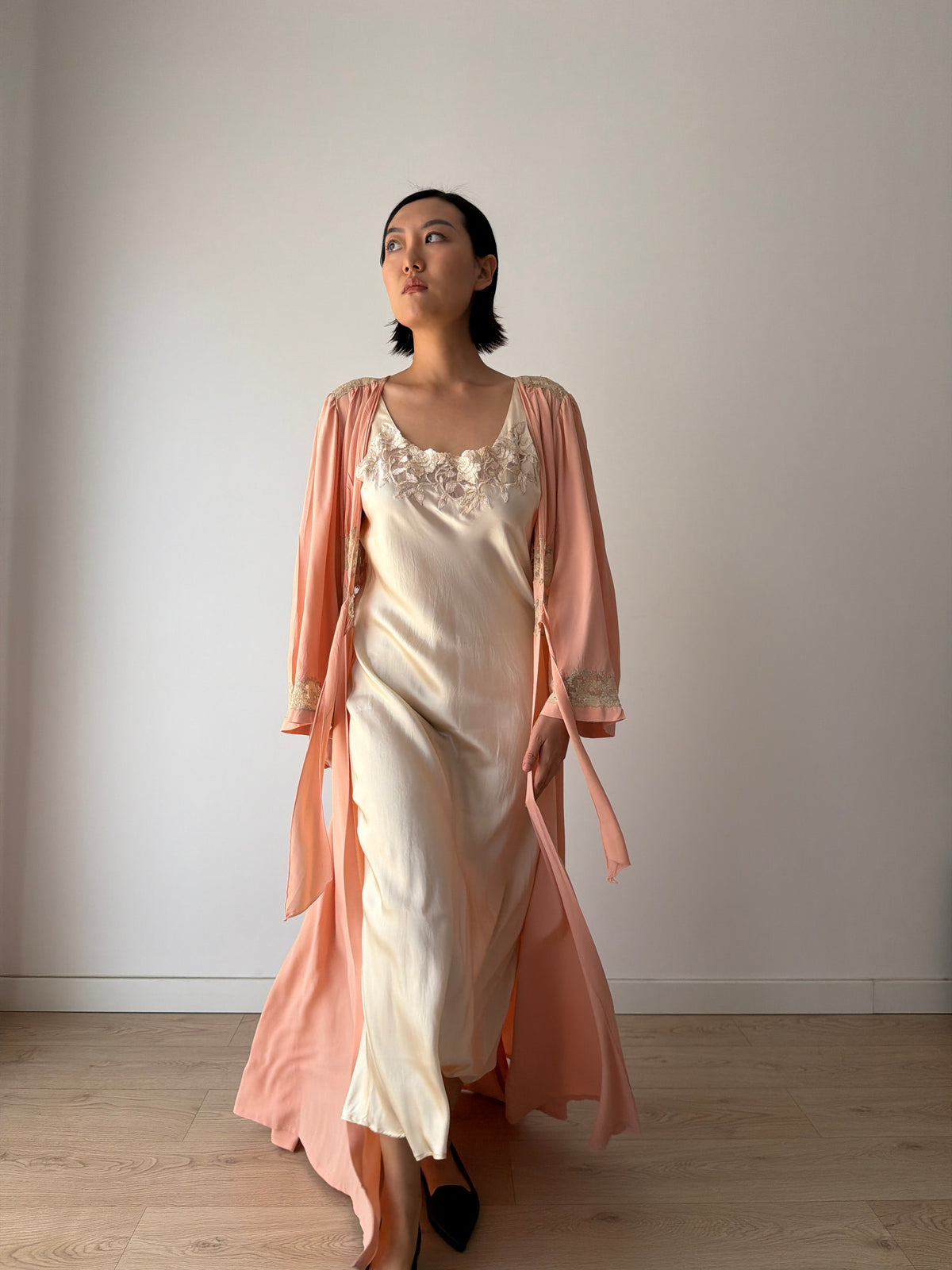 1930s Pink Silk Lace Robe, Ivory Lace Trim, Tie Waist, Flared Sleeves, Antique Loungewear