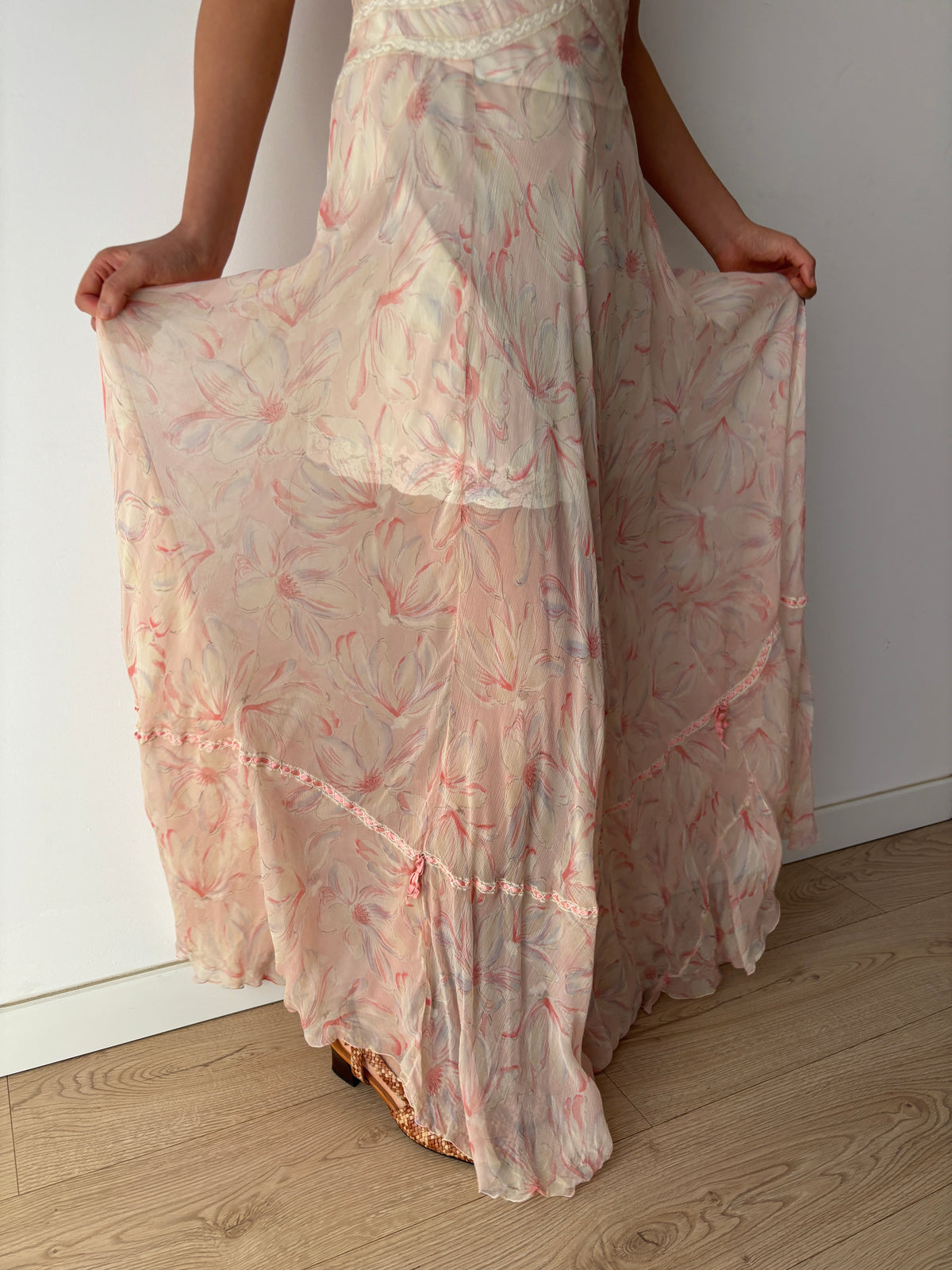 1930s Pink Floral Chiffon Nightgown, Sheer Maxi Dress with Lace Inserts and Tie Neckline