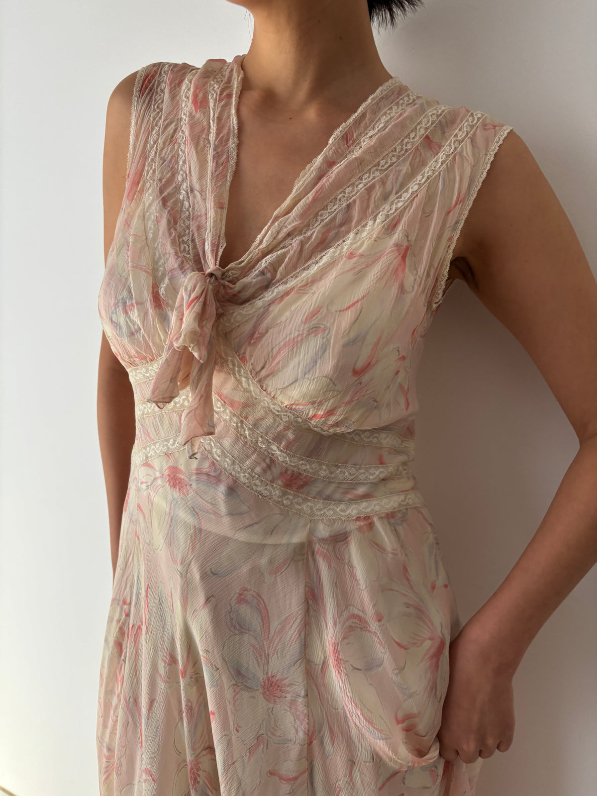 1930s Pink Floral Chiffon Nightgown, Sheer Maxi Dress with Lace Inserts and Tie Neckline