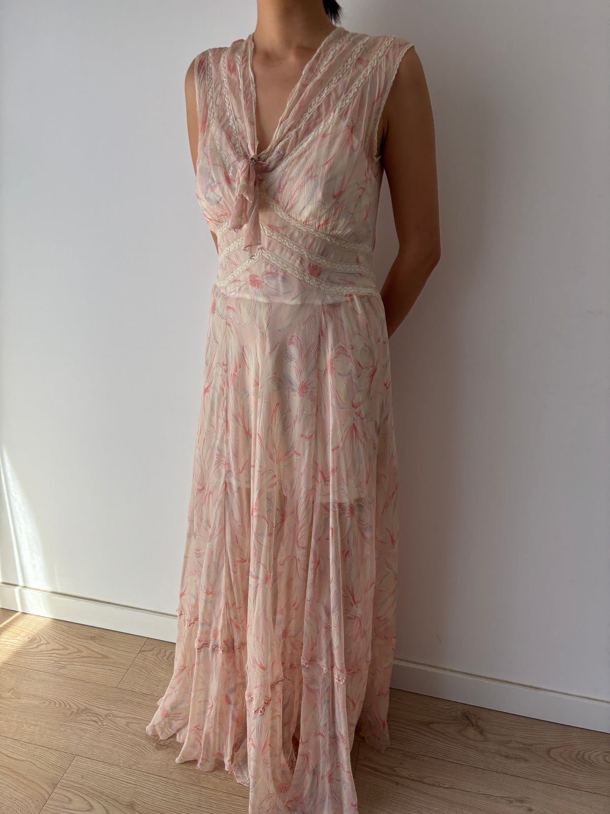 1930s Pink Floral Chiffon Nightgown, Sheer Maxi Dress with Lace Inserts and Tie Neckline