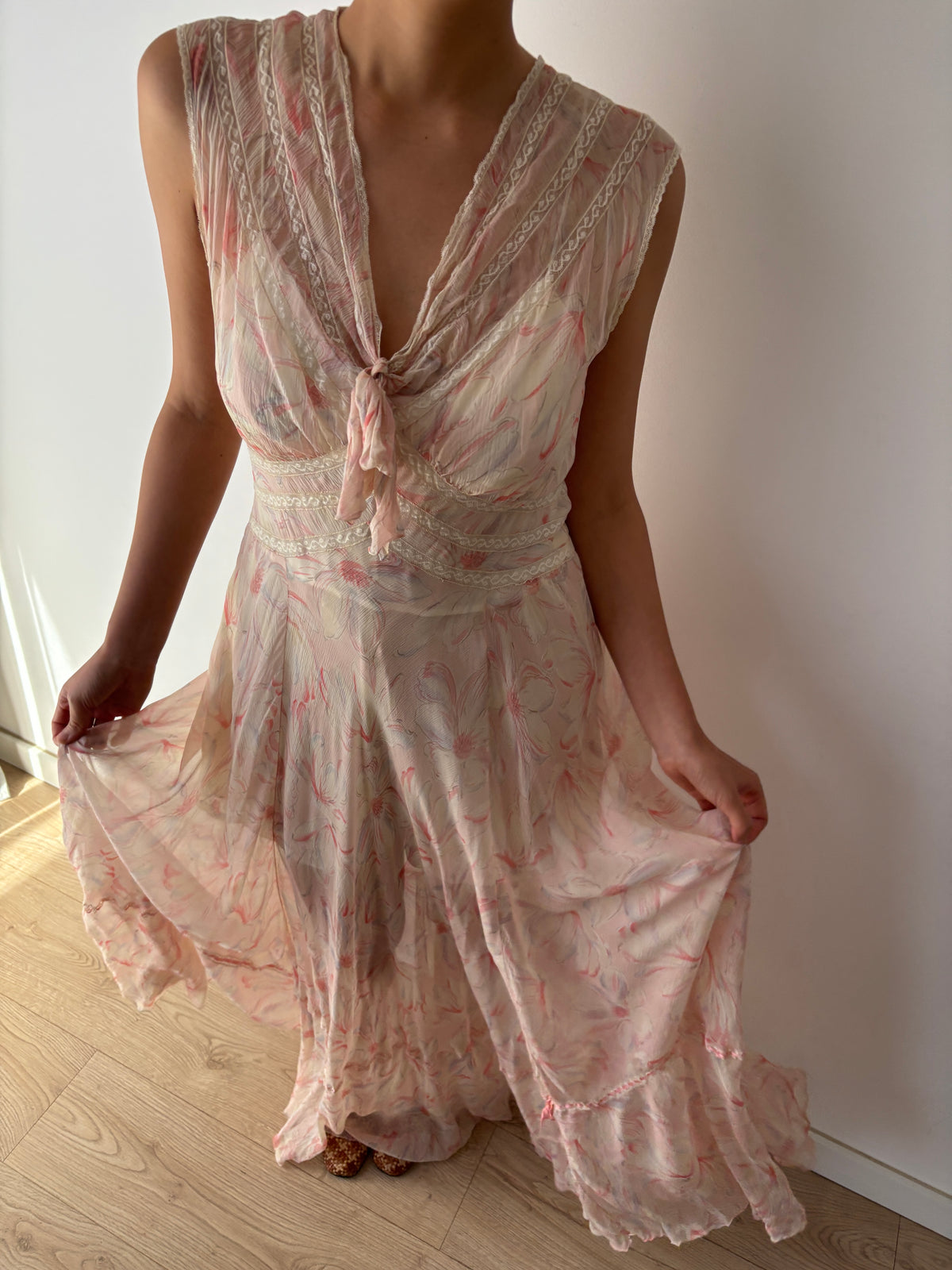 1930s Pink Floral Chiffon Nightgown, Sheer Maxi Dress with Lace Inserts and Tie Neckline