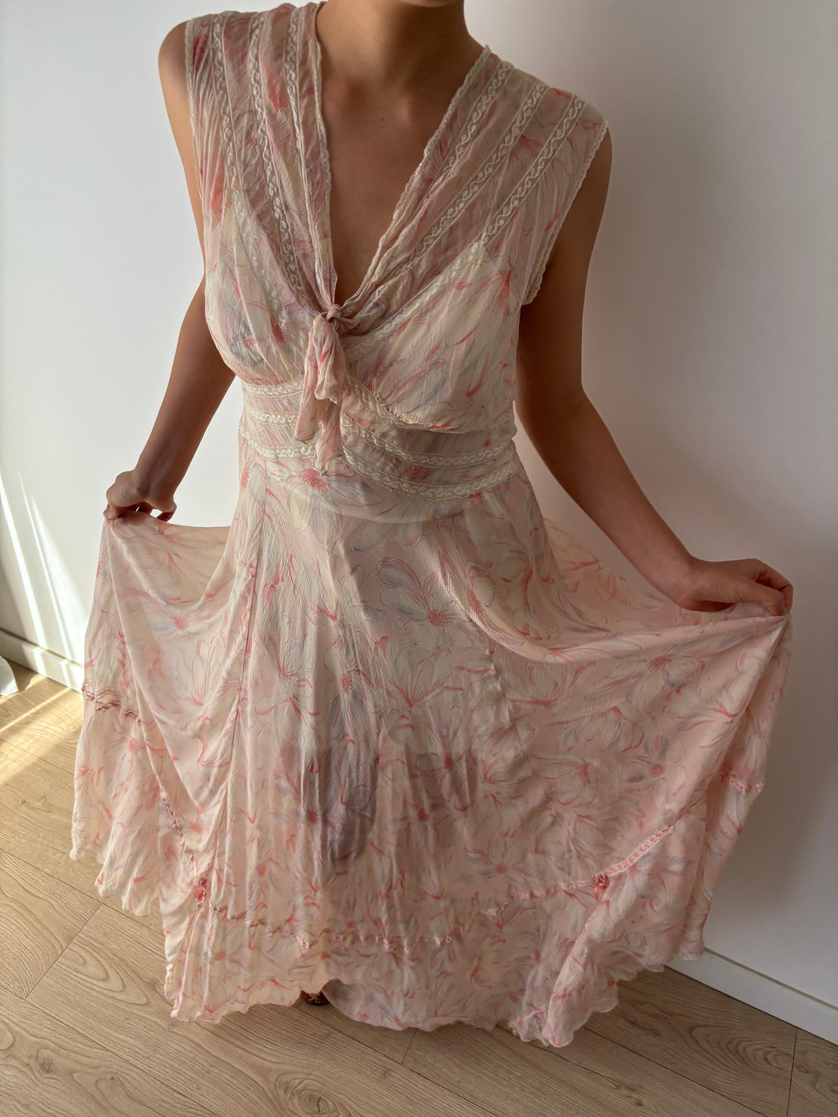 1930s Pink Floral Chiffon Nightgown, Sheer Maxi Dress with Lace Inserts and Tie Neckline