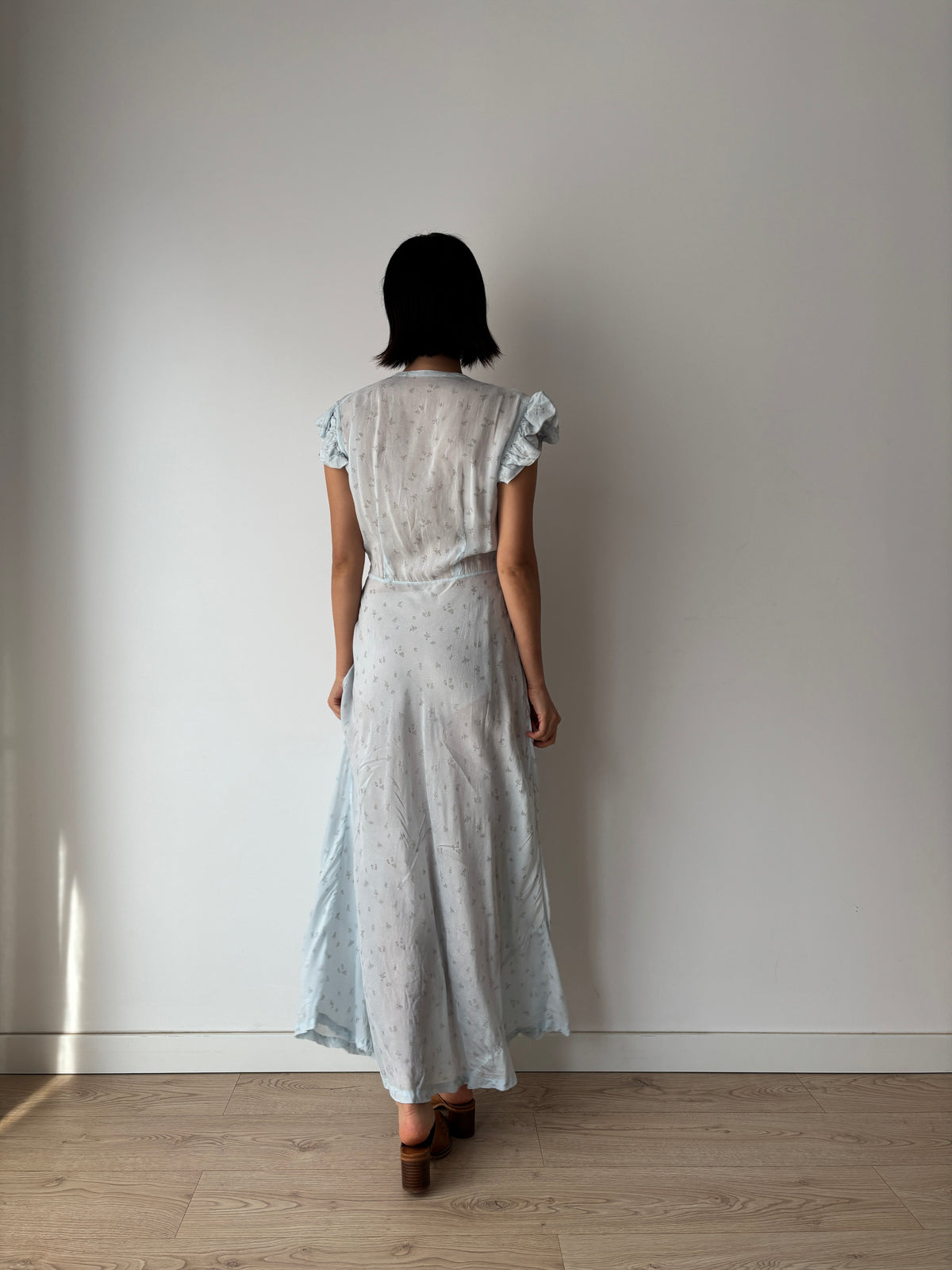 1940s Pale Blue Floral Nightgown, Ruffle Sleeves, Lace Trim and Gathered Waist, Vintage Maxi Dress
