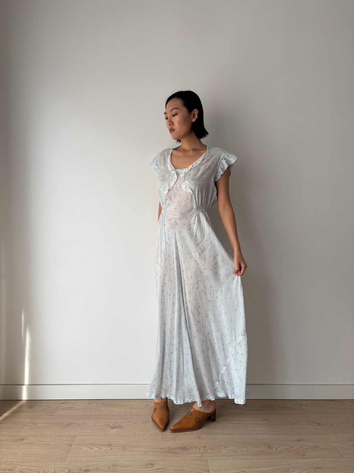 1940s Pale Blue Floral Nightgown, Ruffle Sleeves, Lace Trim and Gathered Waist, Vintage Maxi Dress