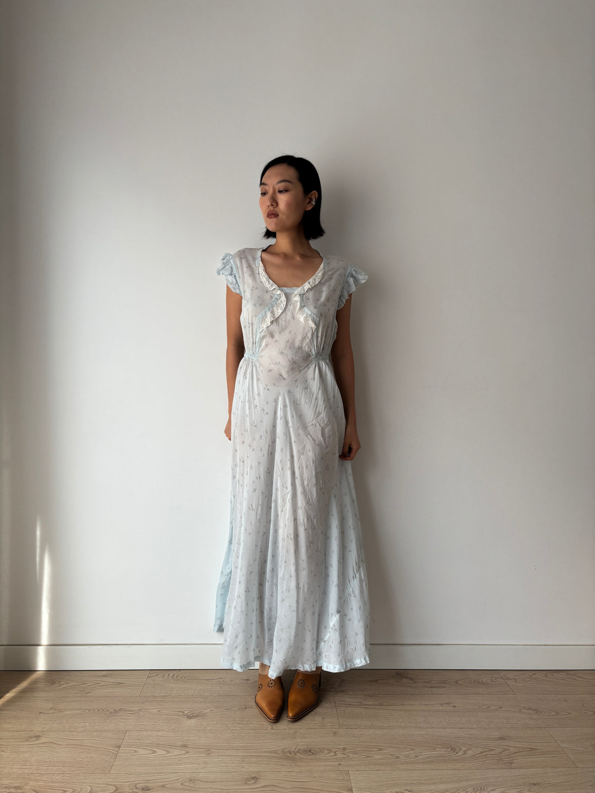 1940s Pale Blue Floral Nightgown, Ruffle Sleeves, Lace Trim and Gathered Waist, Vintage Maxi Dress