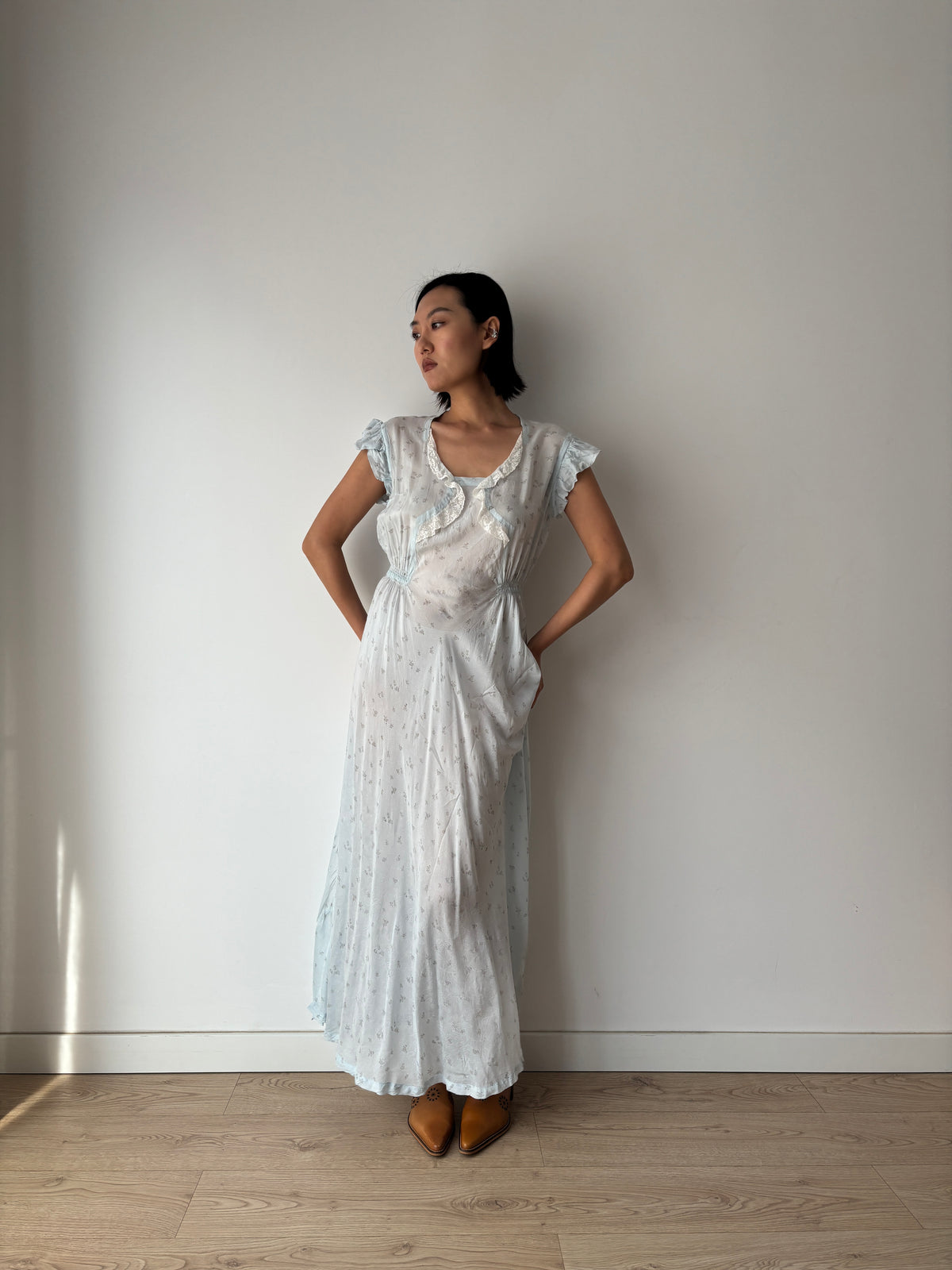 1940s Pale Blue Floral Nightgown, Ruffle Sleeves, Lace Trim and Gathered Waist, Vintage Maxi Dress