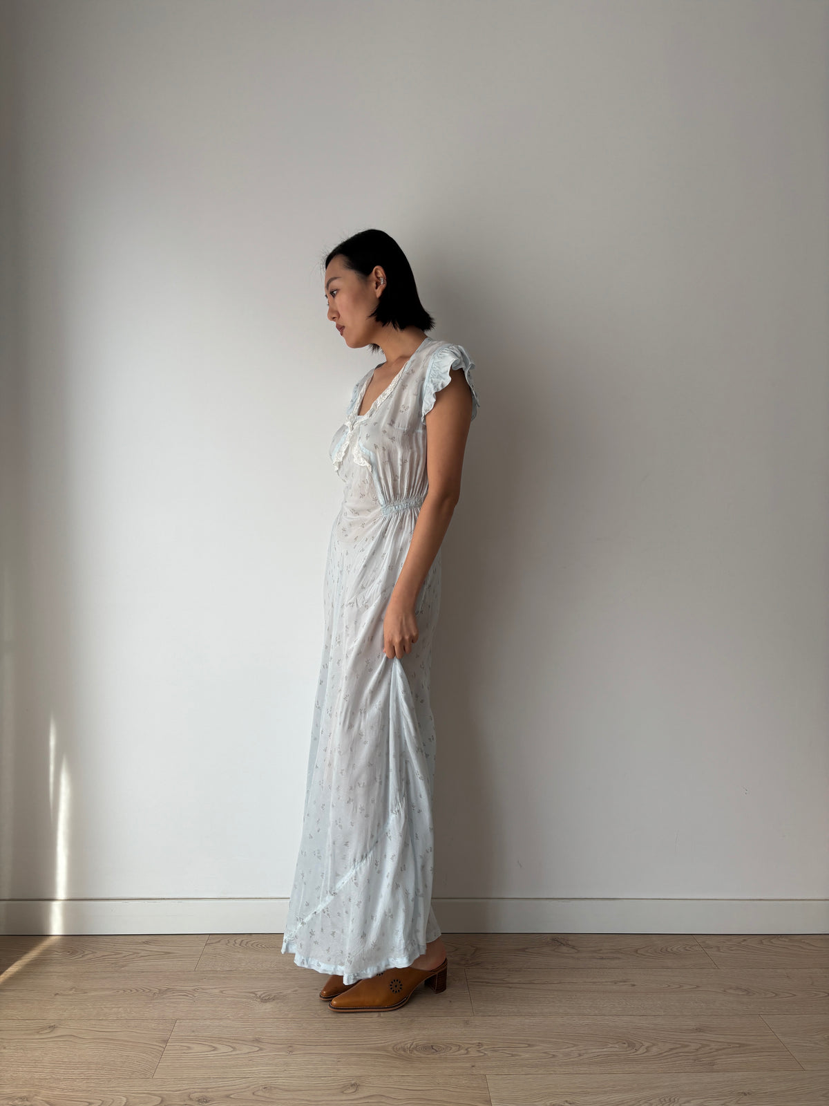 1940s Pale Blue Floral Nightgown, Ruffle Sleeves, Lace Trim and Gathered Waist, Vintage Maxi Dress