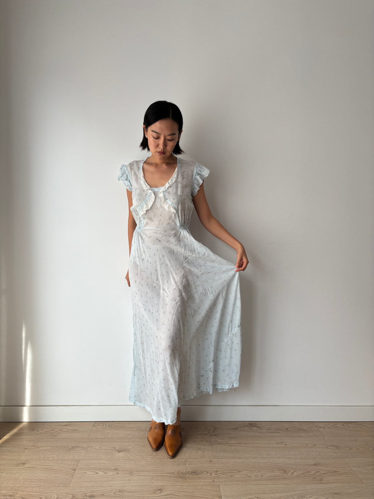 1940s Pale Blue Floral Nightgown, Ruffle Sleeves, Lace Trim and Gathered Waist, Vintage Maxi Dress