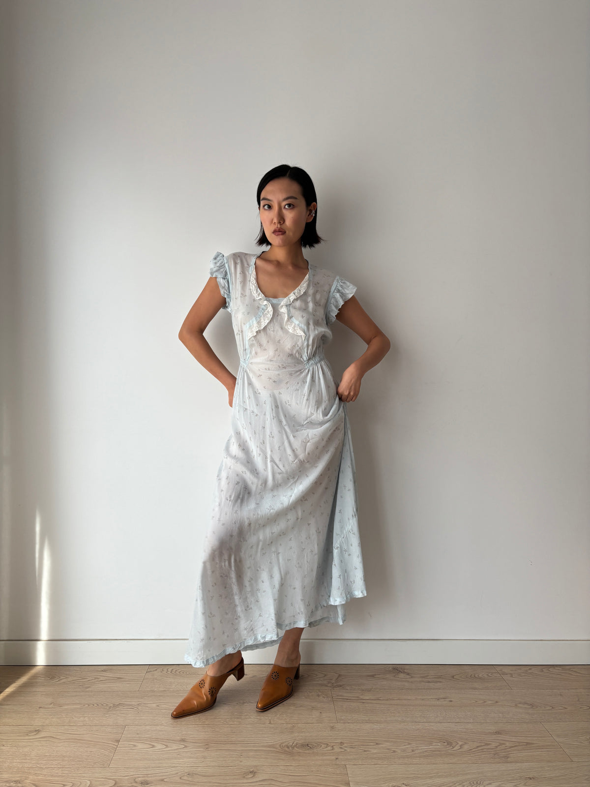 1940s Pale Blue Floral Nightgown, Ruffle Sleeves, Lace Trim and Gathered Waist, Vintage Maxi Dress