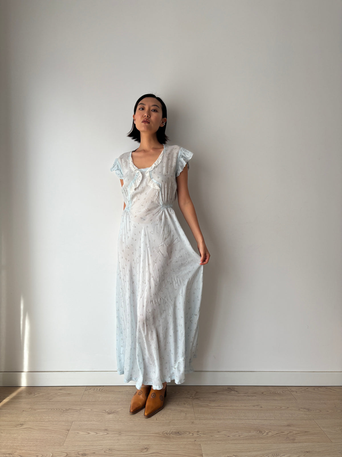 1940s Pale Blue Floral Nightgown, Ruffle Sleeves, Lace Trim and Gathered Waist, Vintage Maxi Dress