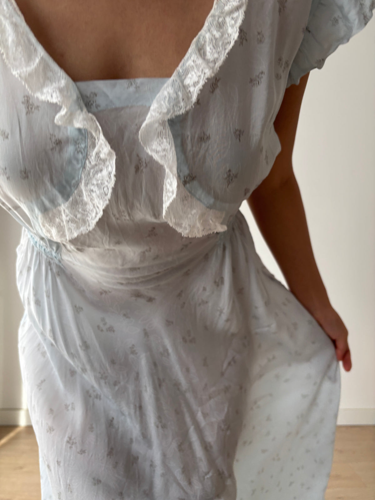 1940s Pale Blue Floral Nightgown, Ruffle Sleeves, Lace Trim and Gathered Waist, Vintage Maxi Dress