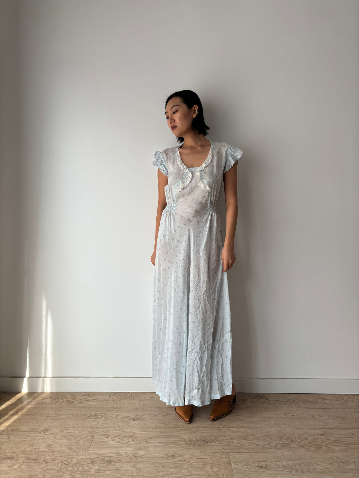 1940s Pale Blue Floral Nightgown, Ruffle Sleeves, Lace Trim and Gathered Waist, Vintage Maxi Dress