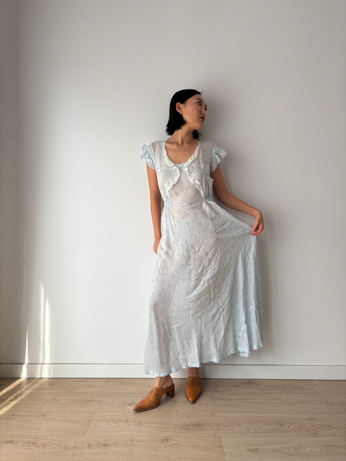 1940s Pale Blue Floral Nightgown, Ruffle Sleeves, Lace Trim and Gathered Waist, Vintage Maxi Dress