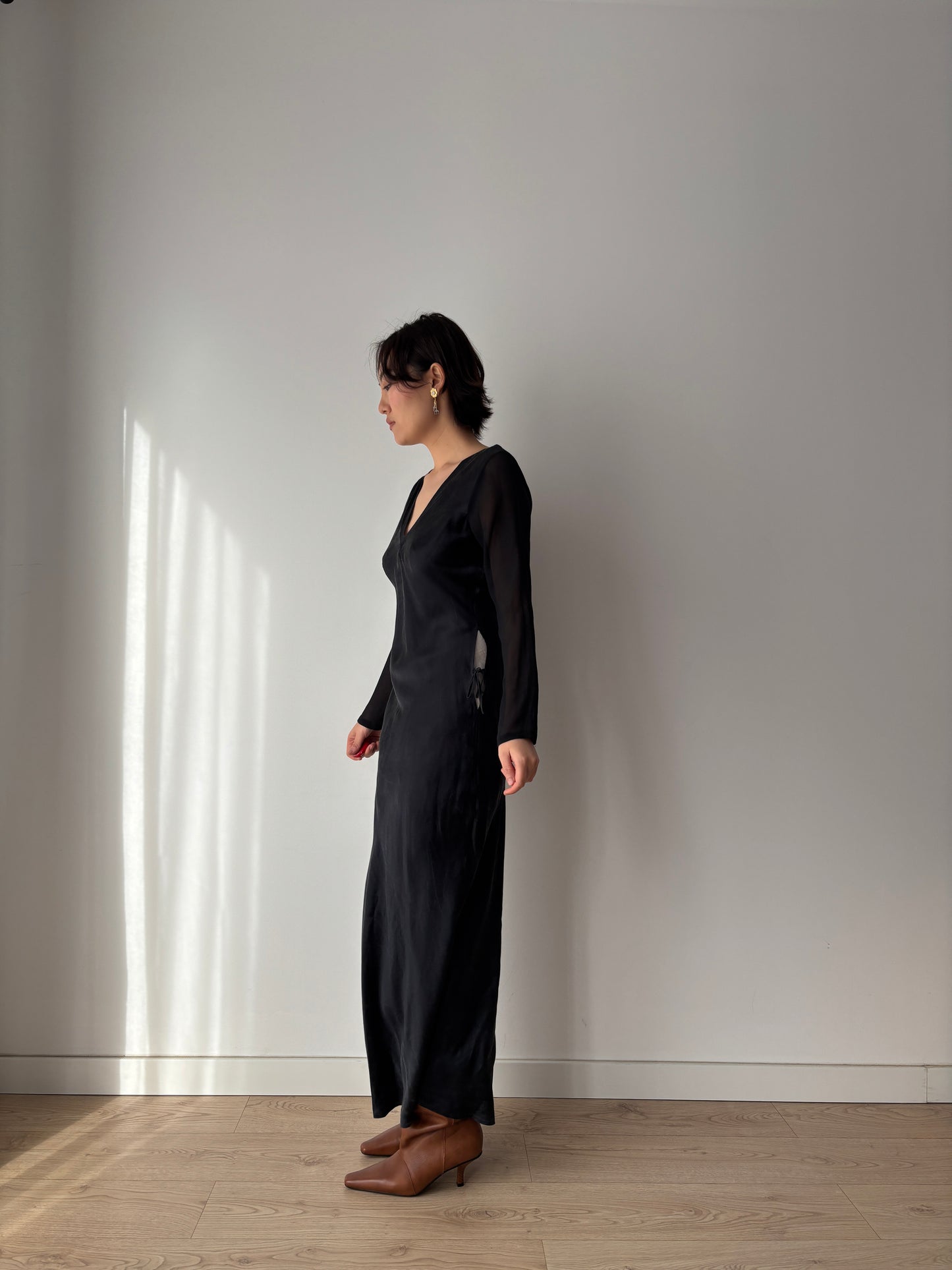 1990s Y2K Black Silk Nightgown: Long Sleeve with Side Tie Detail