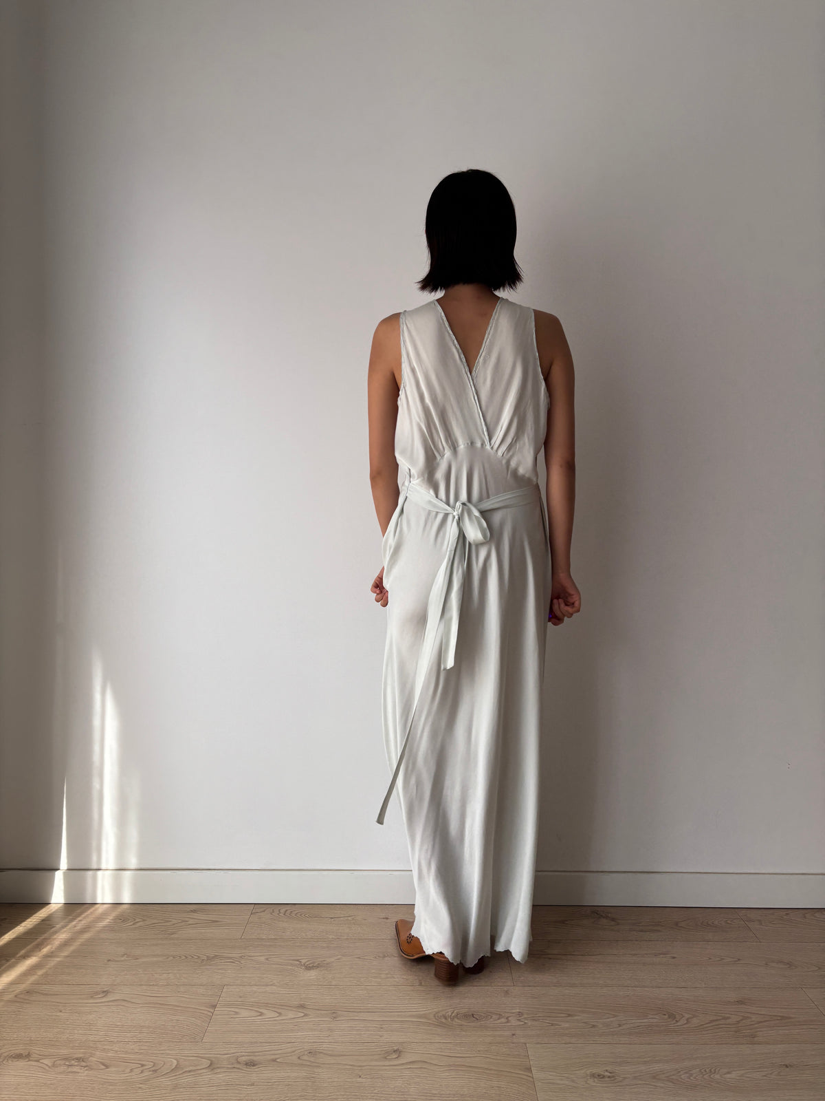 1940s Ice Blue Silk Nightgown, Floral Lace and Crossover V Neck, Vintage Bridal Maxi Dress