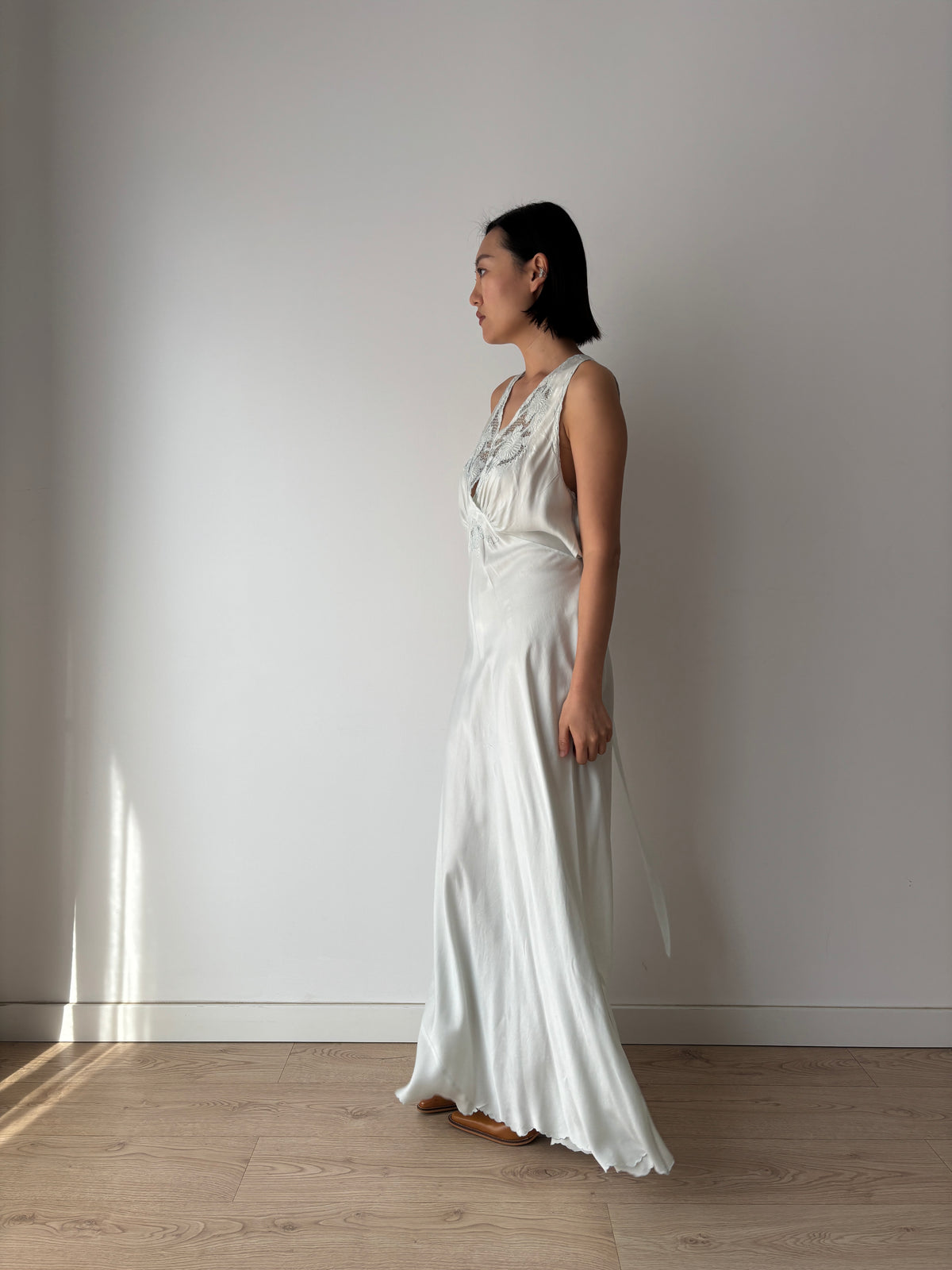 1940s Ice Blue Silk Nightgown, Floral Lace and Crossover V Neck, Vintage Bridal Maxi Dress