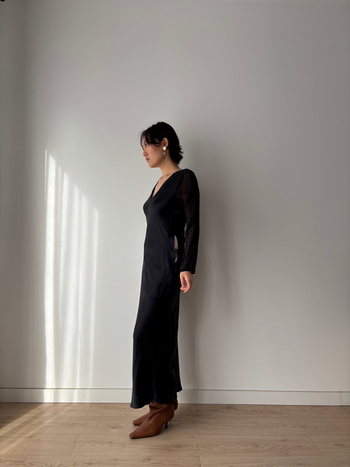 1990s Y2K Black Silk Nightgown: Long Sleeve with Side Tie Detail