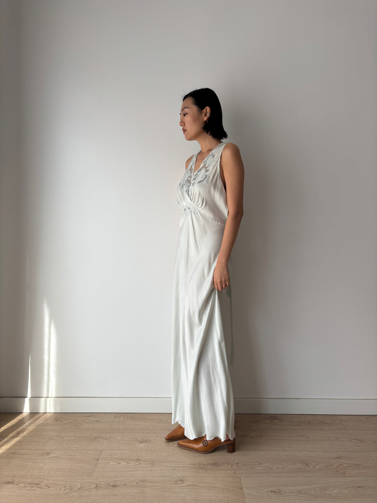 1940s Ice Blue Silk Nightgown, Floral Lace and Crossover V Neck, Vintage Bridal Maxi Dress