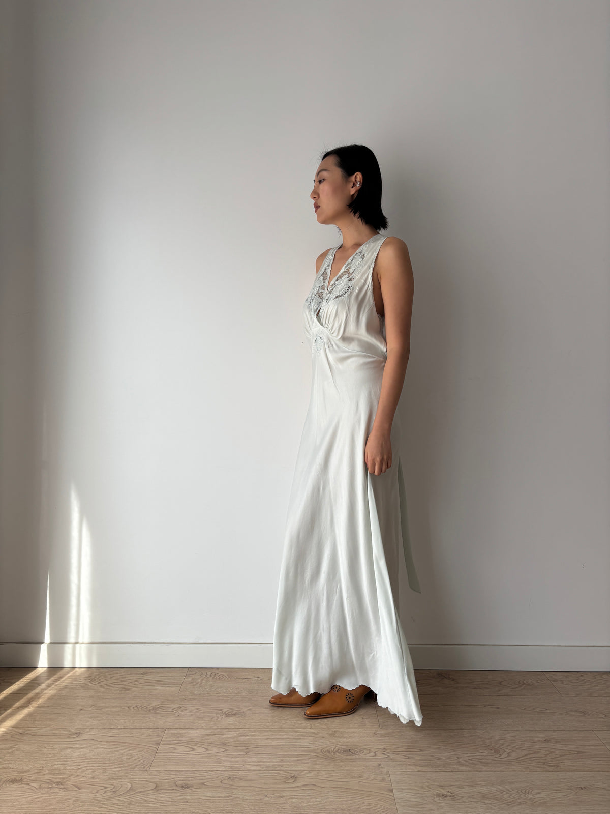 1940s Ice Blue Silk Nightgown, Floral Lace and Crossover V Neck, Vintage Bridal Maxi Dress