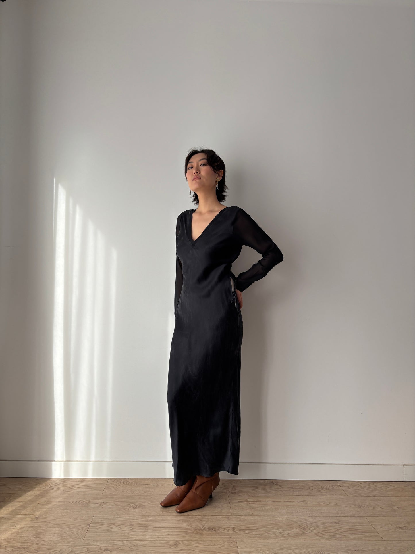 1990s Y2K Black Silk Nightgown: Long Sleeve with Side Tie Detail