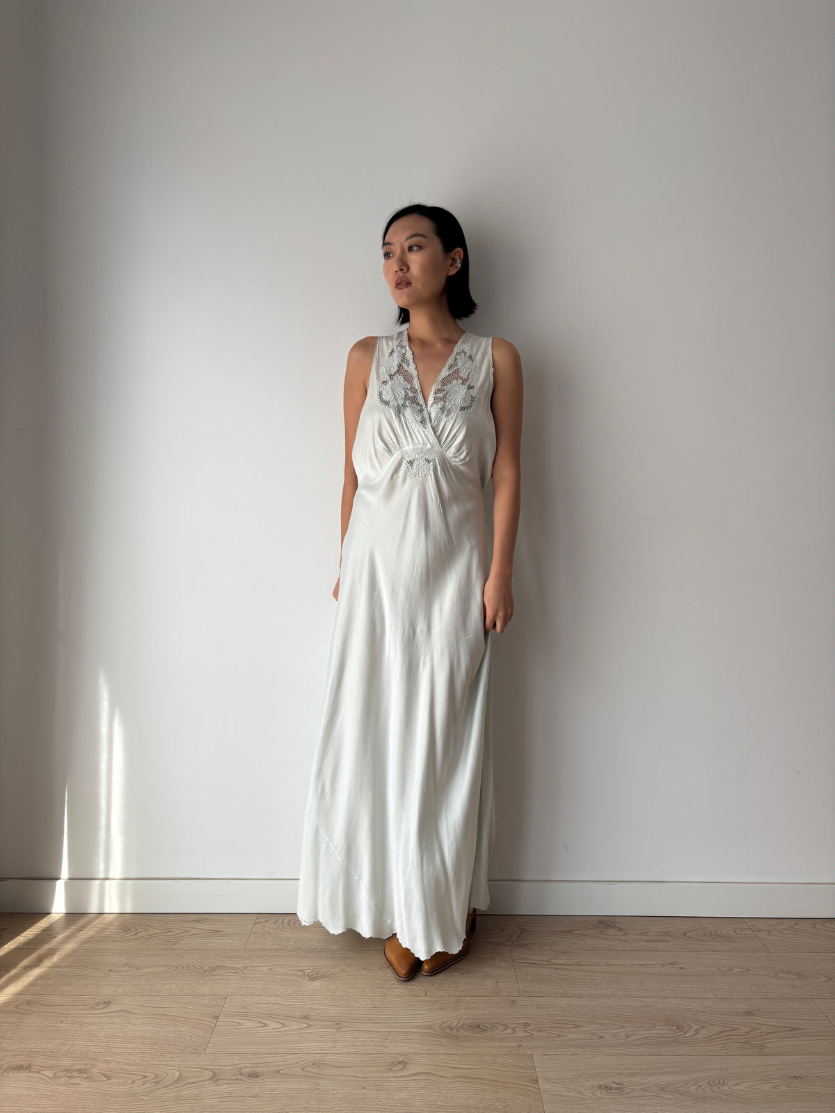 1940s Ice Blue Silk Nightgown, Floral Lace and Crossover V Neck, Vintage Bridal Maxi Dress