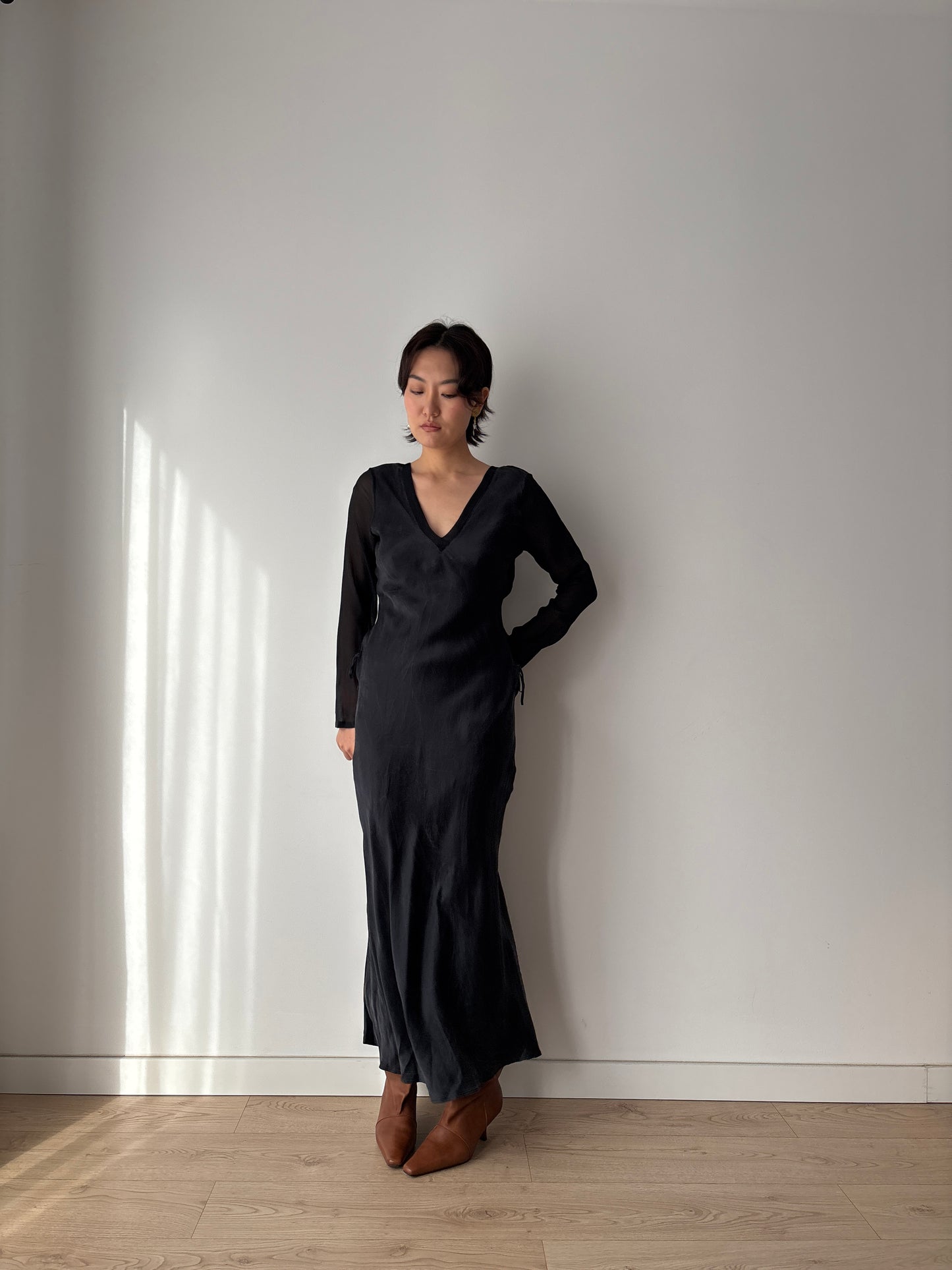 1990s Y2K Black Silk Nightgown: Long Sleeve with Side Tie Detail