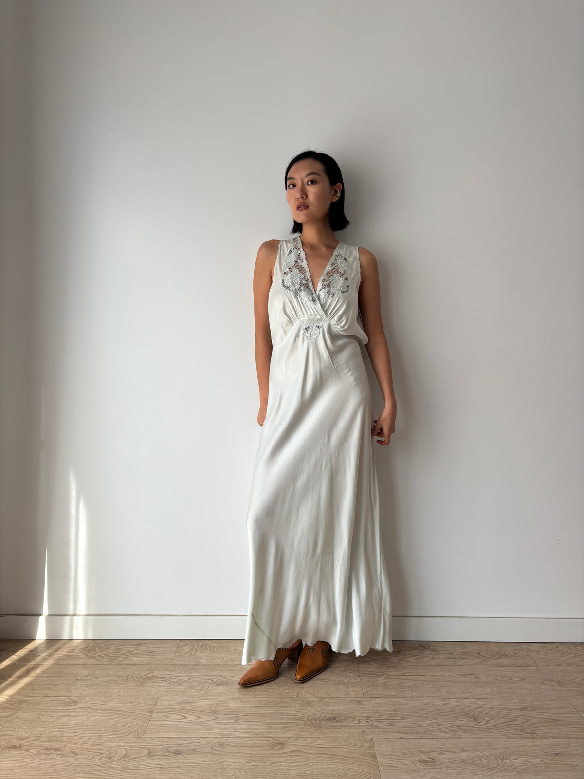 1940s Ice Blue Silk Nightgown, Floral Lace and Crossover V Neck, Vintage Bridal Maxi Dress