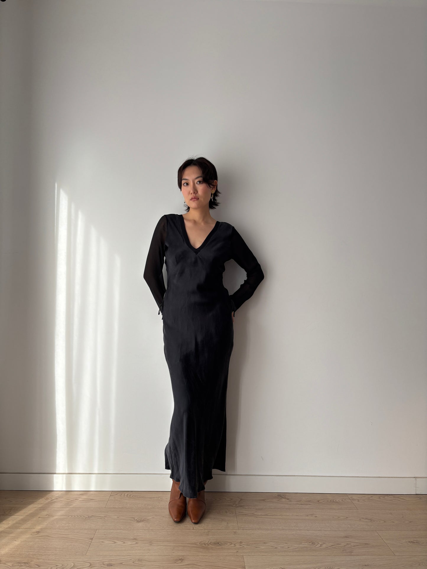 1990s Y2K Black Silk Nightgown: Long Sleeve with Side Tie Detail