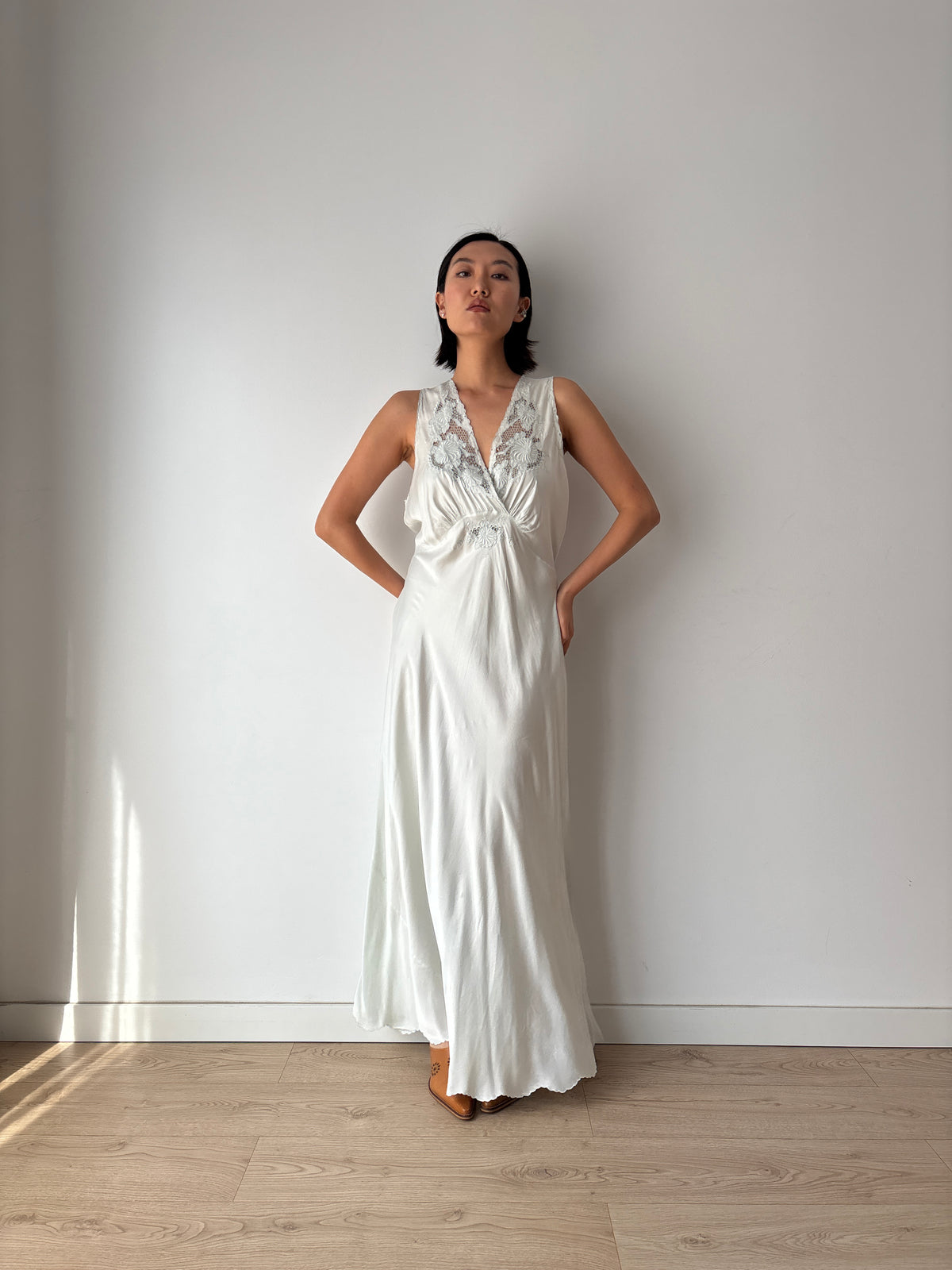 1940s Ice Blue Silk Nightgown, Floral Lace and Crossover V Neck, Vintage Bridal Maxi Dress