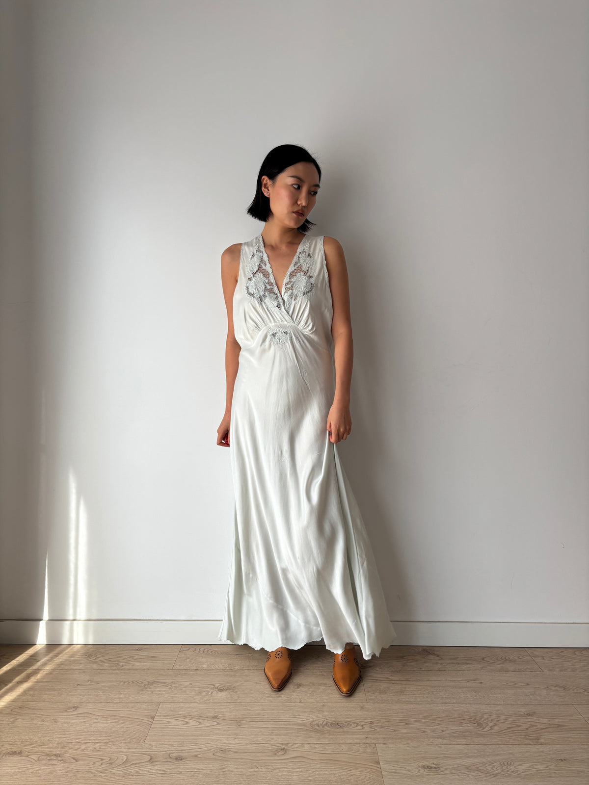 1940s Ice Blue Silk Nightgown, Floral Lace and Crossover V Neck, Vintage Bridal Maxi Dress