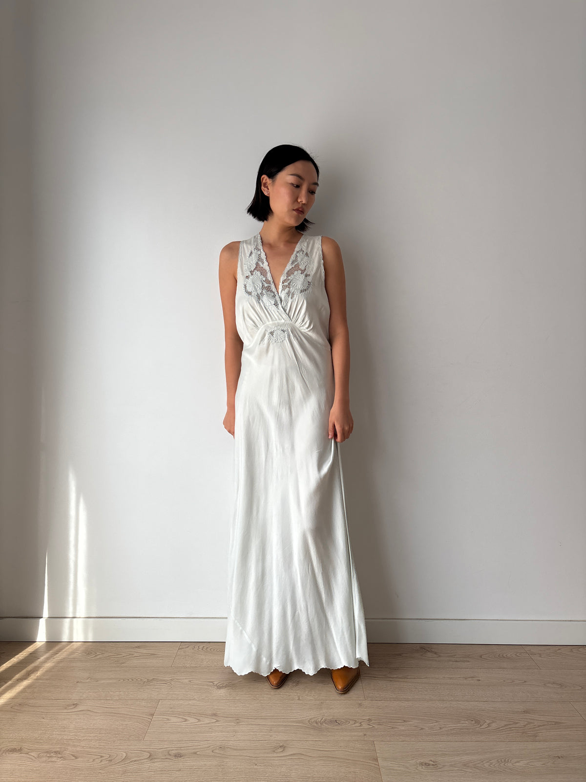 1940s Ice Blue Silk Nightgown, Floral Lace and Crossover V Neck, Vintage Bridal Maxi Dress