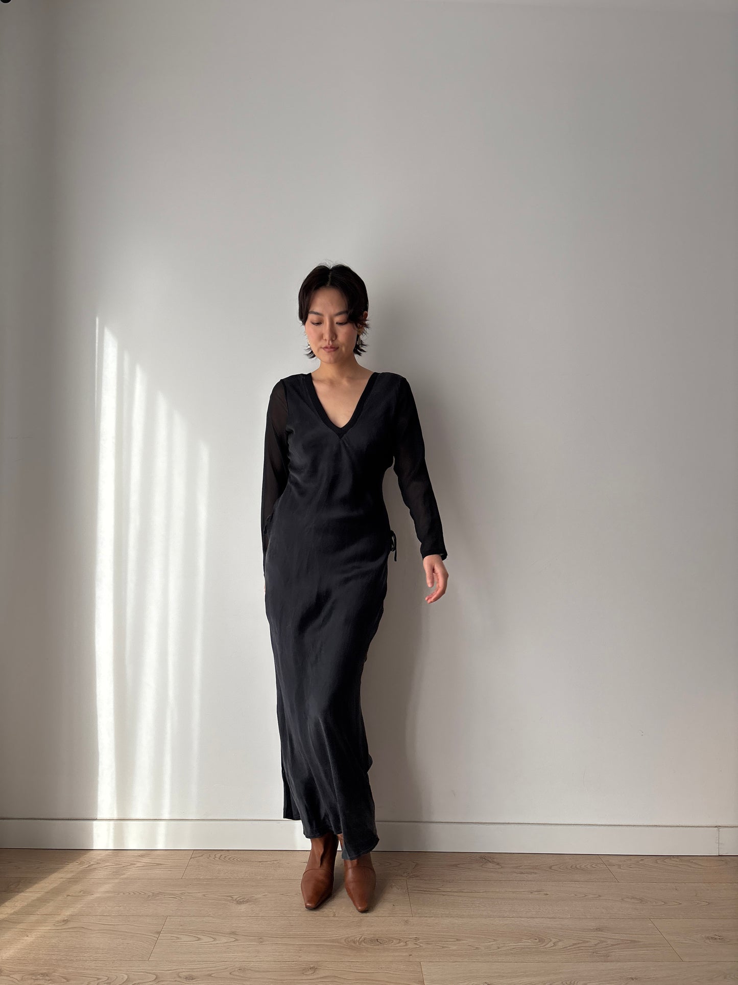 1990s Y2K Black Silk Nightgown: Long Sleeve with Side Tie Detail