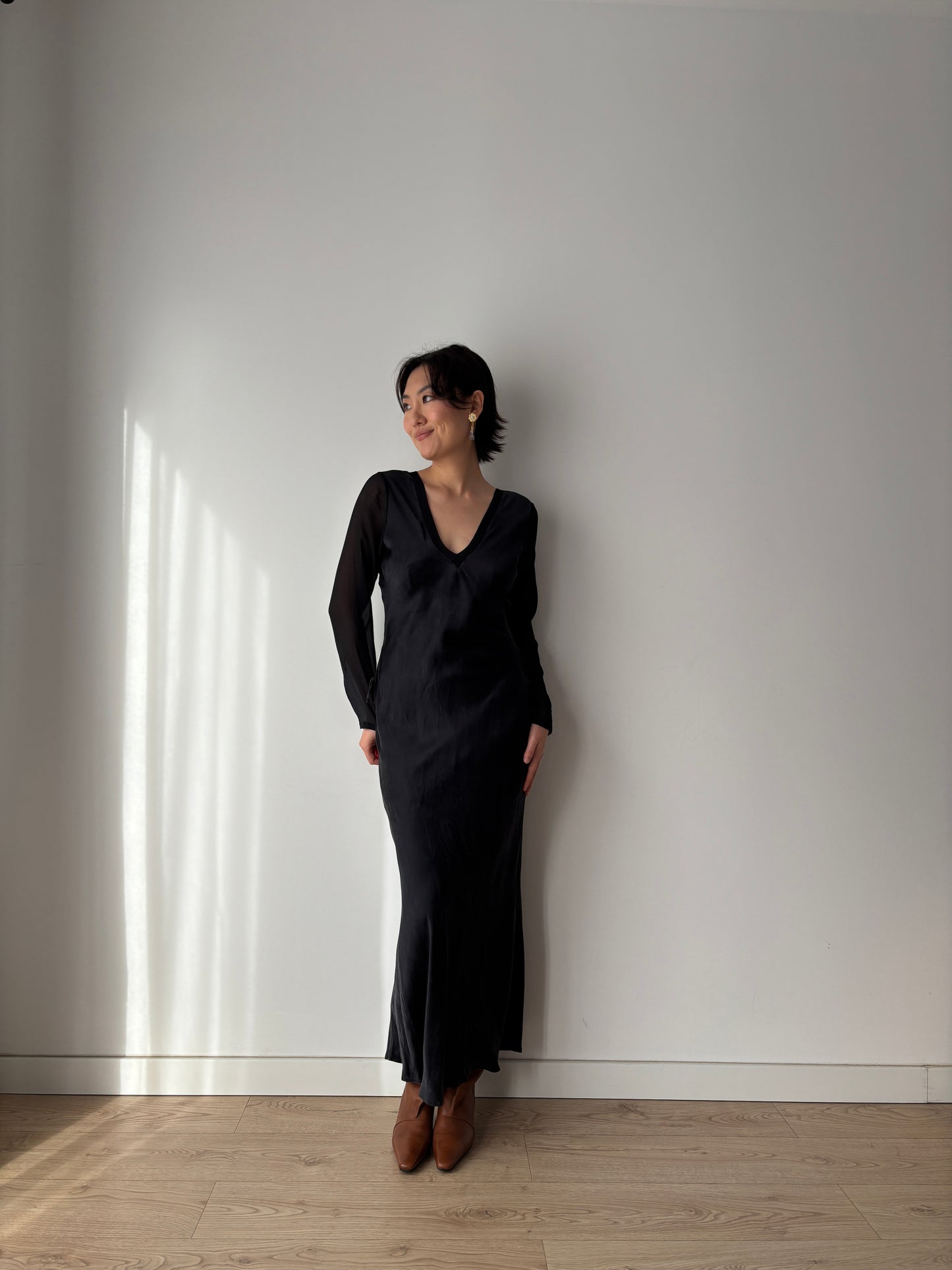 1990s Y2K Black Silk Nightgown: Long Sleeve with Side Tie Detail